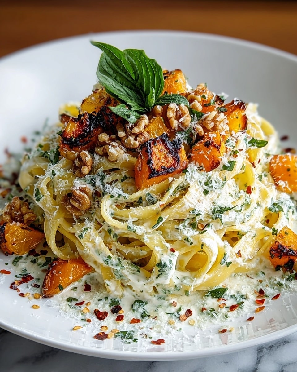 A white plate holds a neat pile of creamy yellow fettuccine pasta layered lightly with green herb bits and drizzled with white sauce. On top, there are small chunks of charred orange roasted butternut squash and dark golden brown walnuts scattered evenly. The dish is sprinkled with finely grated white cheese and red pepper flakes, adding texture and color contrast. A fresh green herb leaf sits at the center as garnish. The whole dish rests on a white marbled surface. photo taken with an iphone --ar 4:5 --v 7