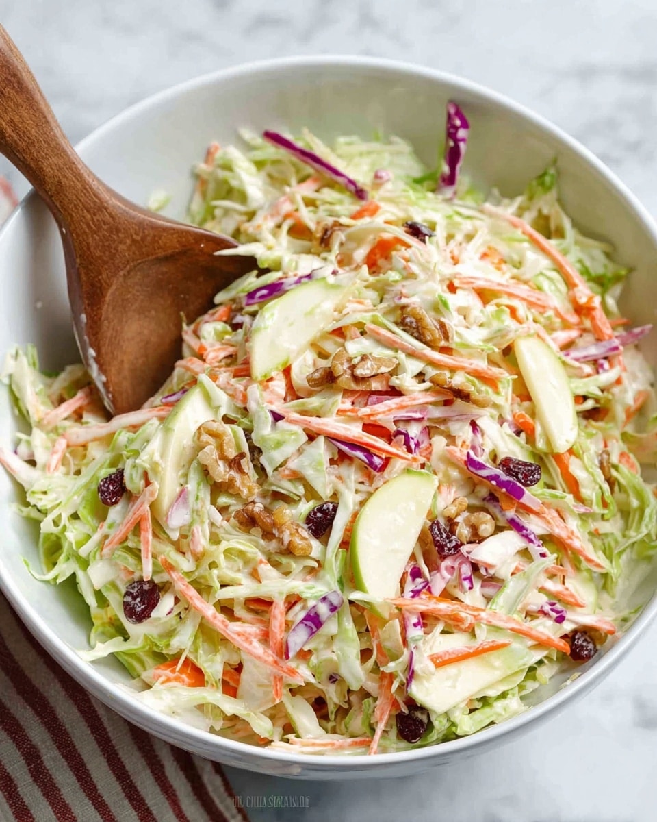 A large white bowl filled with a colorful mixed salad sitting on a white marbled surface, featuring three main visible layers: at the base, shredded green cabbage providing a light green, crisp texture; scattered throughout are thin strips of purple cabbage adding a vibrant purple color; and on top, bright orange carrot shreds and small slices of pale yellow apple with skin, giving contrast and freshness. Mixed in are dark red dried cranberries and light brown walnut pieces for texture and rich color. The salad is lightly coated with a creamy dressing that adds a smooth, glossy finish. Photo taken with an iphone --ar 4:5 --v 7