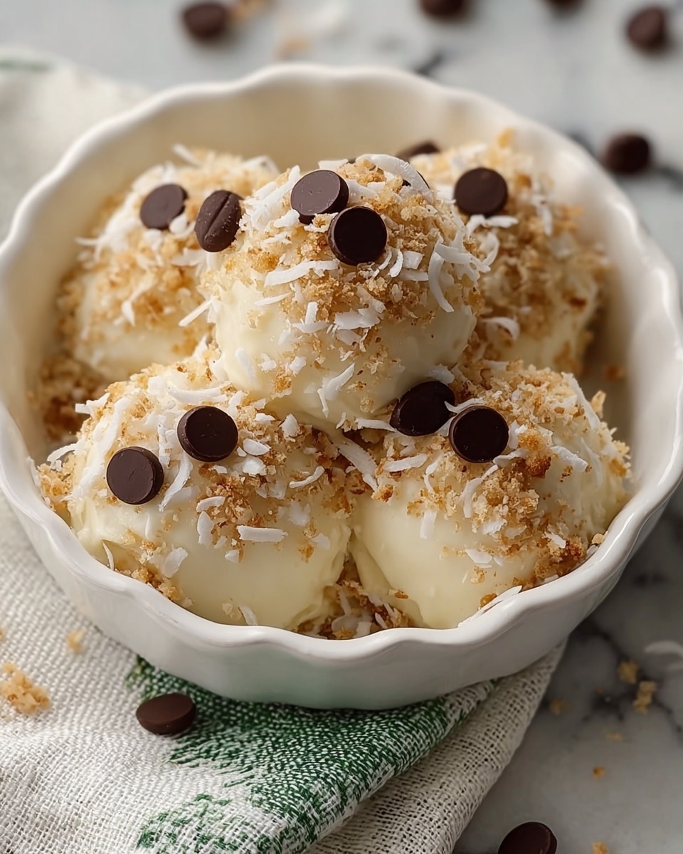The image shows a white wavy-edged dish containing four rounded scoops of pale creamy dessert. Each scoop is topped with a layer of light brown crumbly texture, scattered white coconut flakes, and dark chocolate chips. The creamy base looks smooth and soft, with the toppings adding a crunchy contrast. The dish rests on a white cloth with thin green stripes on a white marbled surface. photo taken with an iphone --ar 4:5 --v 7