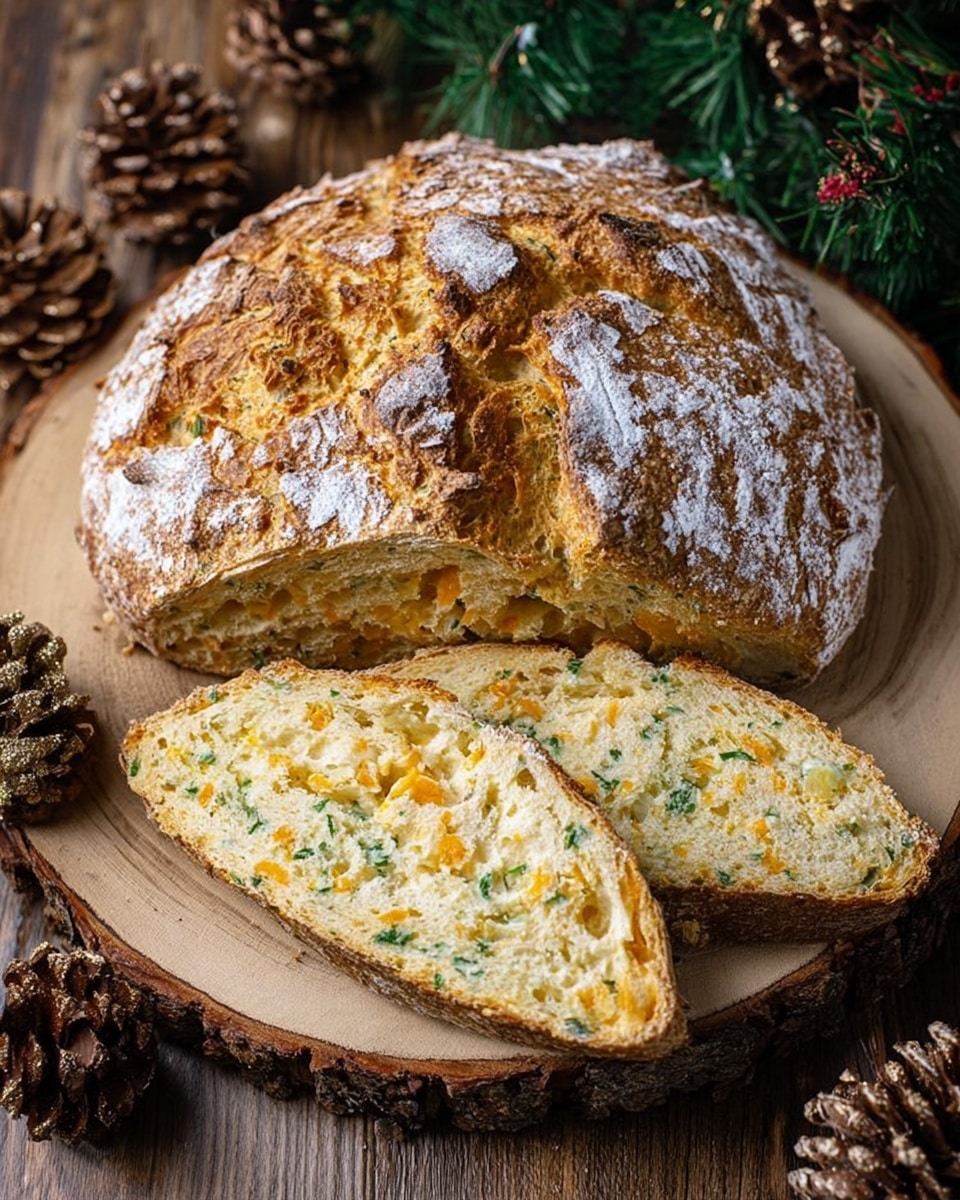 A round loaf of bread with a rough, golden-brown crust dusted lightly with white flour sits on a wooden board shaped like a tree slice. The bread has a cracked, textured surface with a visible cross cut on top. Two slices are cut and laid flat, showing a soft, light yellow crumb full of green herbs and small orange cheese bits spread evenly throughout. Around the board, pine branches with brown pine cones add a natural, festive touch against a wooden background. photo taken with an iphone --ar 4:5 --v 7