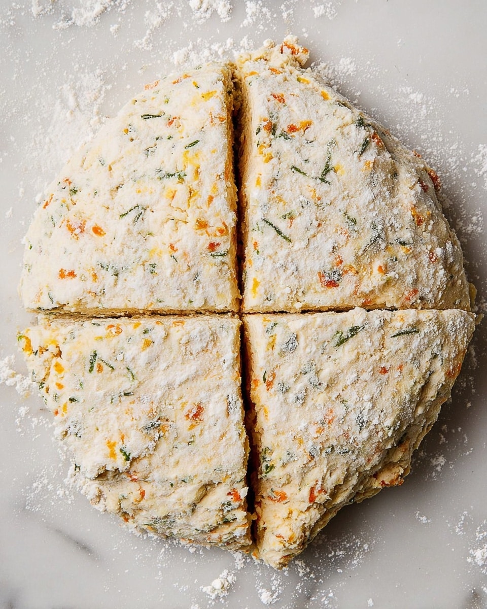 A round dough ball placed on a white marbled surface, sprinkled generously with white flour on top and around it, is cut into four equal parts with deep cuts. The dough's texture is slightly rough and crumbly, speckled with small pieces of green herbs and bright orange bits throughout, showing a mix inside. The overall color of the dough is pale off-white with colorful pieces visible under the flour dusting. photo taken with an iphone --ar 4:5 --v 7