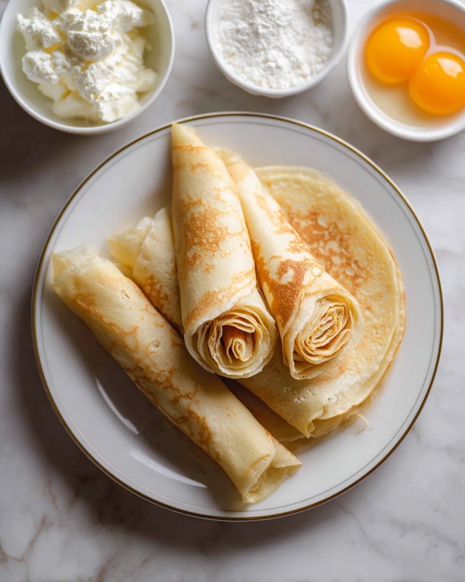 Three folded crepes are placed on a white plate with a thin gold rim, two of them rolled and cut in halves showing multiple soft, thin layers with a light golden brown inside, and one whole crepe with a smooth, light golden brown surface on top. Surrounding the plate are small white bowls, one filled with white creamy cottage cheese, another holding two bright yellow egg yolks, and part of a third bowl visible with a white powdery ingredient, all set on a white marbled surface. photo taken with an iphone --ar 4:5 --v 7