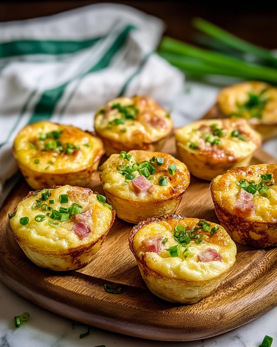 The image shows eight small baked egg muffins arranged on a wooden board. Each muffin has a golden brown outer crust with a slightly crispy texture. The inside contains a soft, yellow egg base mixed with small bits of pink ham and melted cheese that looks creamy and slightly toasted on top. Bright green chopped spring onions are sprinkled on each muffin, adding a fresh pop of color. In the background, there is a white cloth with green stripes and some scattered spring onions on it, all set on a white marbled surface. photo taken with an iphone --ar 4:5 --v 7