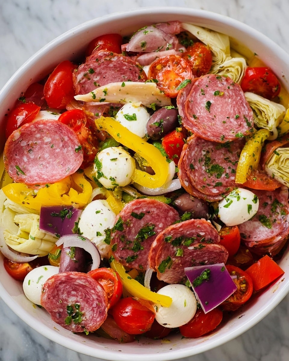The image shows a white bowl full of a colorful Italian salad with many layers. The base layer has thick slices of pink salami and pepperoni, mixed with light yellow artichoke hearts. The second layer is bright red cherry tomatoes and small white mozzarella balls with smooth texture. On top, there are rings of yellow pepper with herb sprinkles, along with purple olives and small pieces of green parsley scattered all over, adding freshness. The salad looks mixed with a light dressing that adds shine to the ingredients. The background is a white marbled surface. Photo taken with an iphone --ar 4:5 --v 7