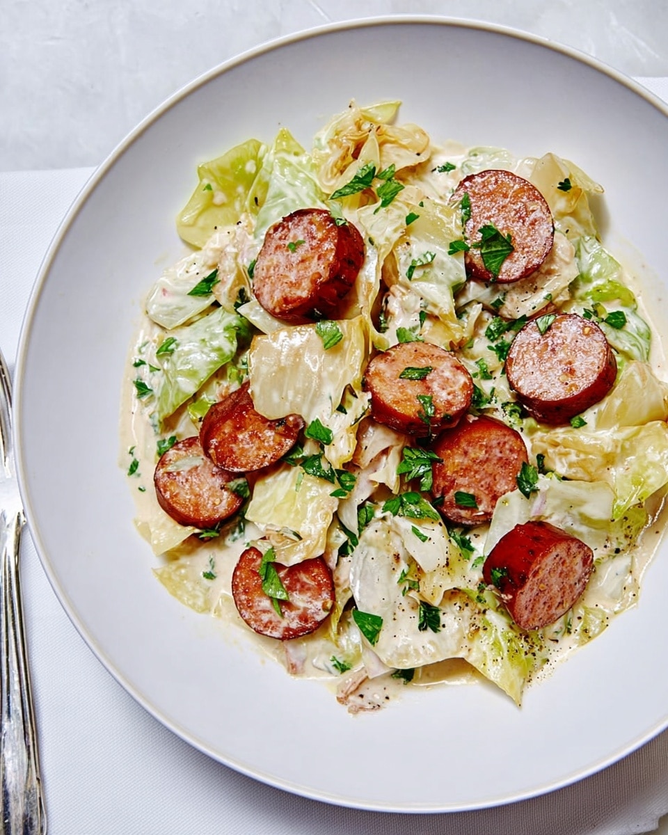 The image shows a close-up of a skillet filled with a creamy dish made of several layers: the base is made of thick, white creamy sauce, mixed with soft, light green and white cooked cabbage pieces. Scattered evenly throughout are browned, sliced sausage rounds with a reddish-brown outer layer and a grayish interior. The dish is topped with freshly chopped green herbs, adding a fresh contrast to the creamy and cooked textures. The skillet sits on a white marbled surface, and some green leafy herbs lay on the side. Photo taken with an iphone --ar 4:5 --v 7