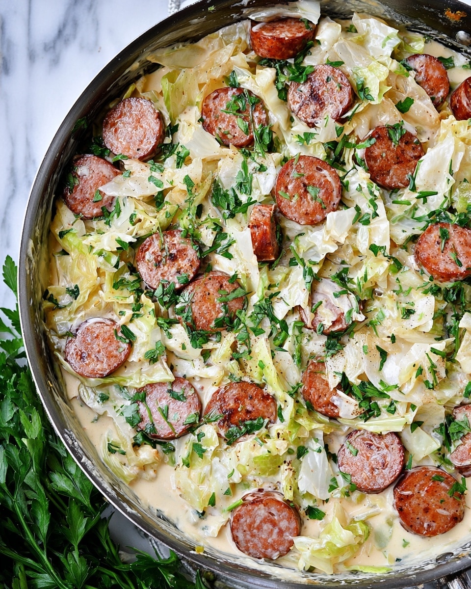 A white plate holds a creamy sausage and cabbage dish with about two layers visible; the base layer is cut cabbage pieces in pale green and light yellow shades mixed in a white creamy sauce, topped with several round, browned sausage slices that are slightly crispy on edges with a reddish-brown color; scattered small pieces of fresh green herbs are added on top, giving a fresh touch; the plate sits on a white marbled surface. photo taken with an iphone --ar 4:5 --v 7