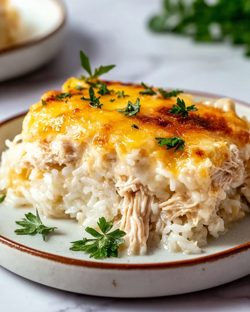 A close-up slice of a layered dish sits on a white plate with a thin brown rim placed on a white marbled surface. The bottom layer is made of soft white rice that looks creamy and tender. Above that is a thick layer of cooked shredded chicken breast with light brown and white tones. The top layer is covered with melted cheese that is golden-yellow with browned spots, giving a slightly crispy texture. Small green parsley leaves are scattered on the cheese and around the plate as garnish. Photo taken with an iphone --ar 4:5 --v 7