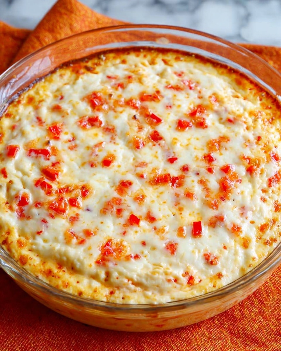 A round, clear glass baking dish filled with a creamy layered dip. The top layer is melted, slightly browned cheese with small pieces of red bell pepper scattered evenly throughout. The cheese layer looks bubbly and smooth, covering the entire surface, while the red pepper bits add a pop of bright color against the golden white cheesy top. The dish sits on an orange cloth on a white marbled texture surface. photo taken with an iphone --ar 4:5 --v 7