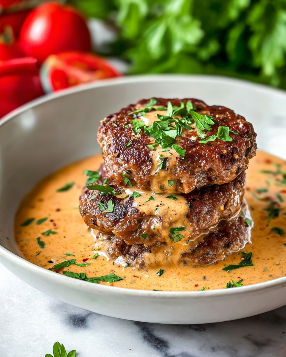 The image shows a white plate with three stacked thick, round meat patties that are browned and slightly crispy on the outside. The patties are topped with chopped green herbs and sit in a creamy, light orange sauce with bits of herbs and spices mixed in, spreading evenly across the bottom of the plate. The plate is placed on a white marbled surface, with fresh green lettuce blurred in the background and red tomatoes on the left side. Photo taken with an iphone --ar 4:5 --v 7