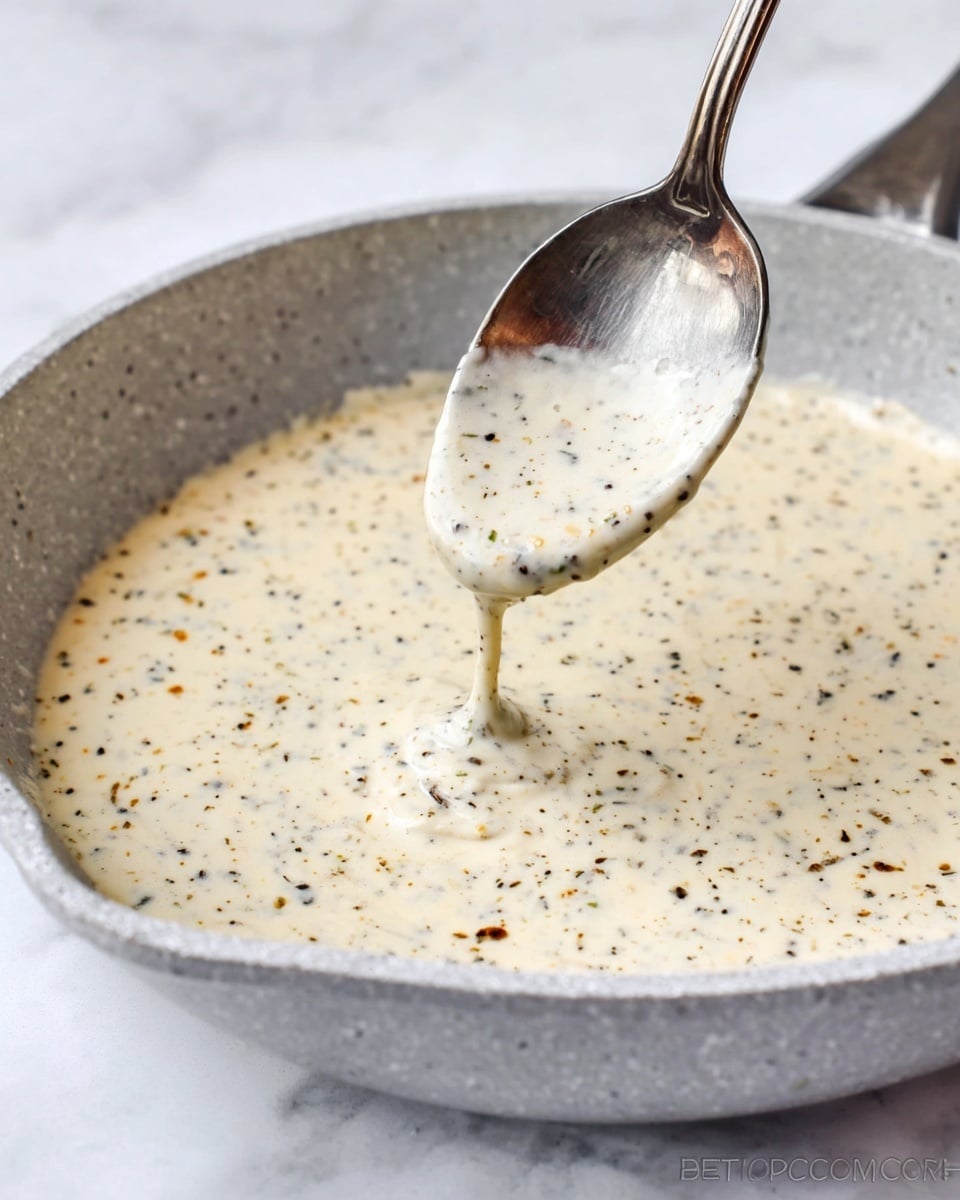A close-up view of a skillet filled with creamy white sauce speckled with black, brown, and green spices, giving it a textured look. A silver spoon is lifted from the sauce, coated with the thick, smooth mixture and dripping slightly back into the pan. The skillet has a speckled light grey color and sits on a white marbled surface, adding a clean and fresh contrast to the rich sauce. photo taken with an iphone --ar 4:5 --v 7