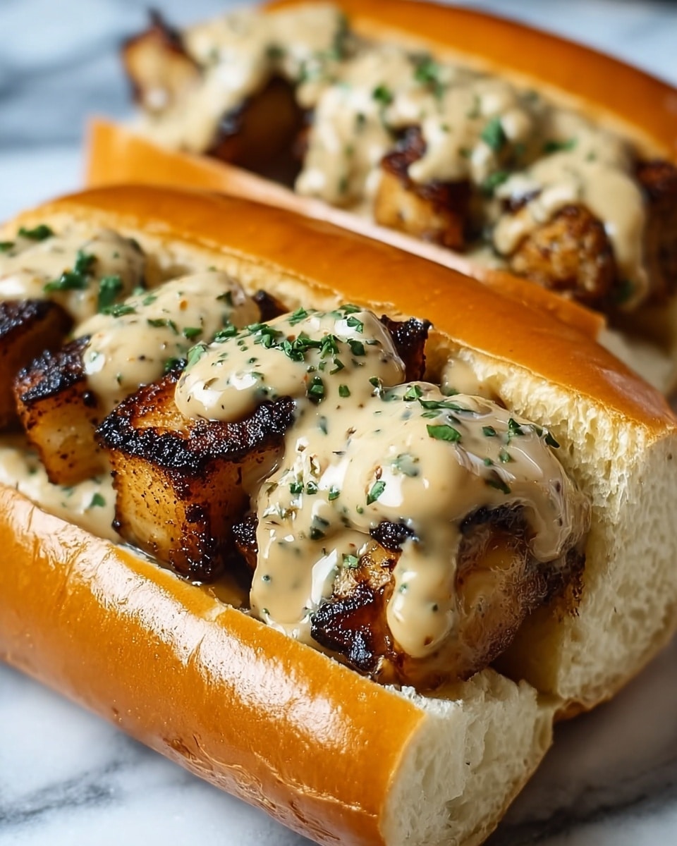 Two golden brown sandwich rolls are filled with pieces of grilled, darkly seared fish that have a crispy texture. On top of the fish, a creamy, thick beige sauce with green herb specks is drizzled generously. The rolls have a soft white inside and a shiny crust on the outside. The sandwiches are placed close together on a white marbled surface. photo taken with an iphone --ar 4:5 --v 7