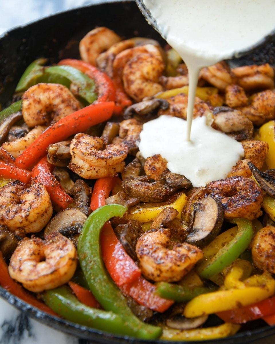 A close-up of a black pan filled with cooked shrimp, green, red, yellow bell pepper strips, and sliced mushrooms, all seasoned with visible spices giving them a rich, slightly charred look. In the center, a thick white sauce is being poured, creating a creamy pool on top of the shrimp and vegetables. The shrimp are pink with brown seasoning, and the vegetables are glossy with bright colors, set against a background of a white marbled texture. photo taken with an iphone --ar 4:5 --v 7