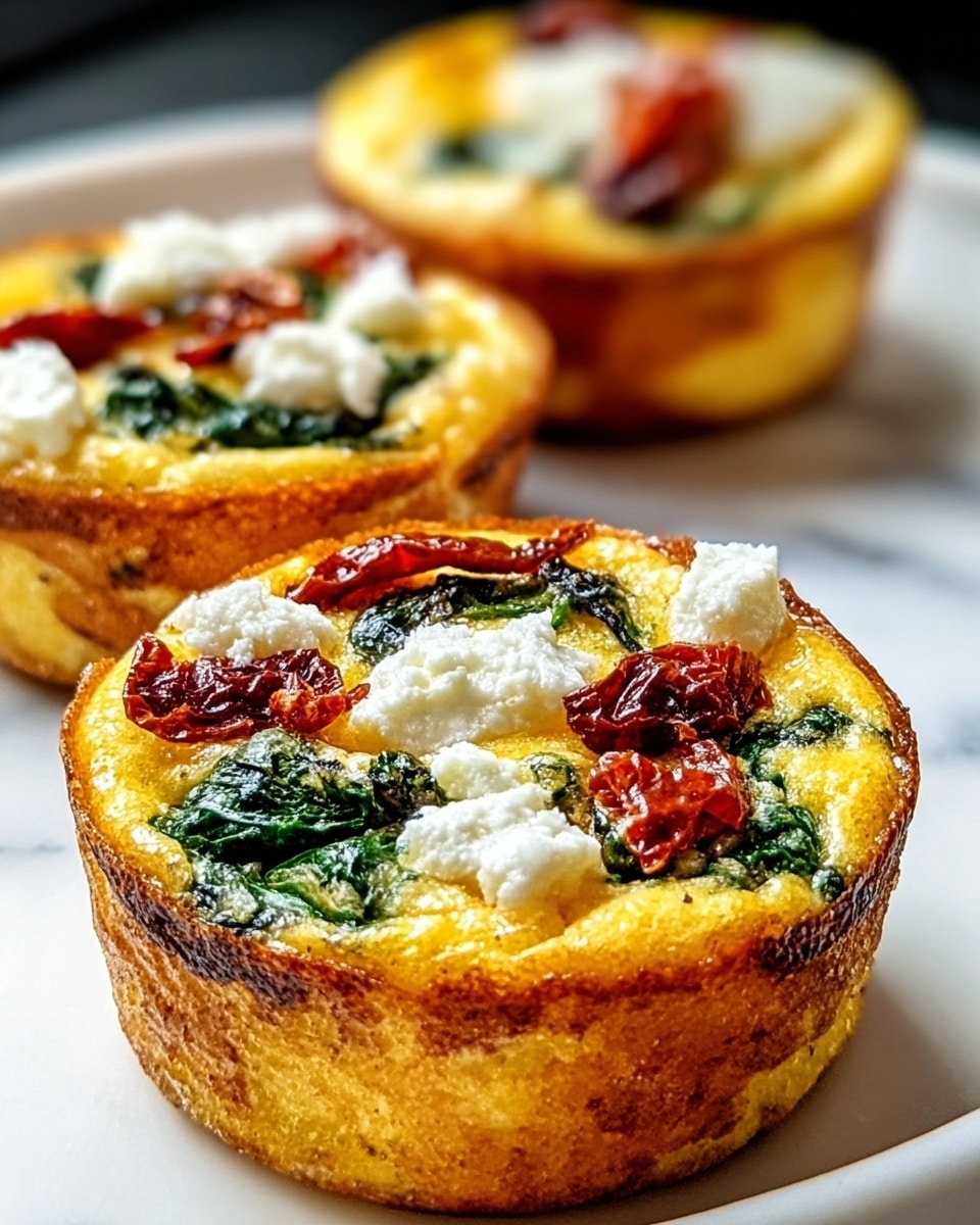 A close-up view of three egg muffins placed on a white plate with a white marbled texture beneath. Each muffin has a golden brown crust as the base layer, topped with a smooth, yellow egg layer. On top of the egg layer, there are dollops of white cheese, dark green spinach leaves, and small pieces of bright red sun-dried tomatoes scattered evenly. The focus is on the front muffin while the other two muffins are slightly blurred in the background. Photo taken with an iphone --ar 4:5 --v 7