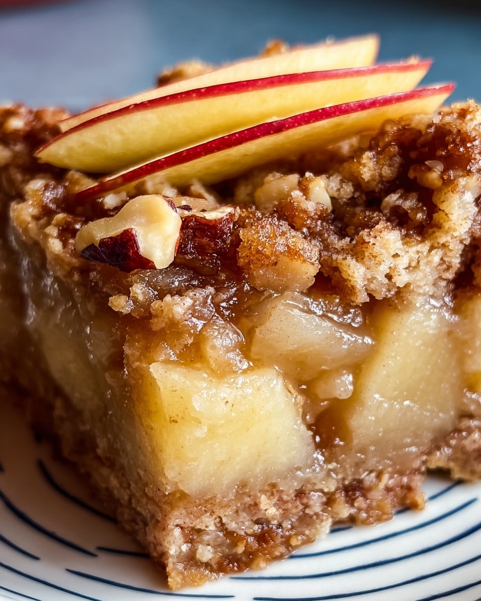 A close-up of a square slice of apple crumble cake on a white plate with blue lines. The bottom layer is a dense, light brown cake base with a crumbly texture. Above it, there is a thick layer of soft, pale yellow apple pieces mixed with some brown cinnamon-spiced sauce and bits of oats and nuts, giving it a sticky and textured look. On top, there are thin slices of fresh, shiny apple with red skin. The entire dessert looks moist and crumbly with a mix of soft and crunchy textures. photo taken with an iphone --ar 4:5 --v 7