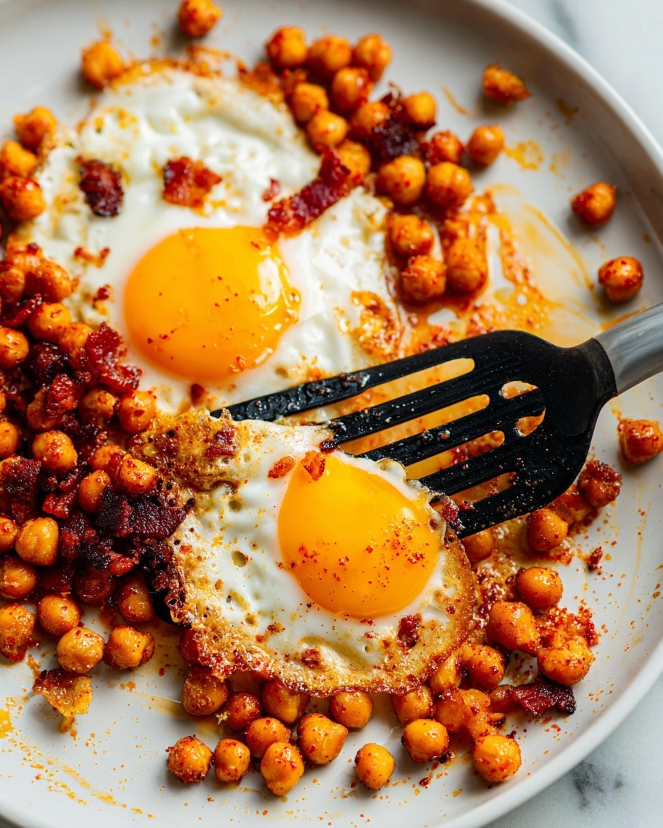 This image shows two fried eggs cooked with a layer of golden-brown chickpeas around the edges, some chickpeas scattered on the white plate, and bits of crispy bacon mixed in. One egg is being lifted with a black slotted spatula, highlighting the texture of the chickpeas and the bright yellow yolk in the center of the egg, which is slightly runny. The chickpeas and bacon are coated in a reddish seasoning oil that adds a glossy, rich color. The photo is set on a white marbled surface with some oil spots and seasoning scattered around. photo taken with an iphone --ar 4:5 --v 7