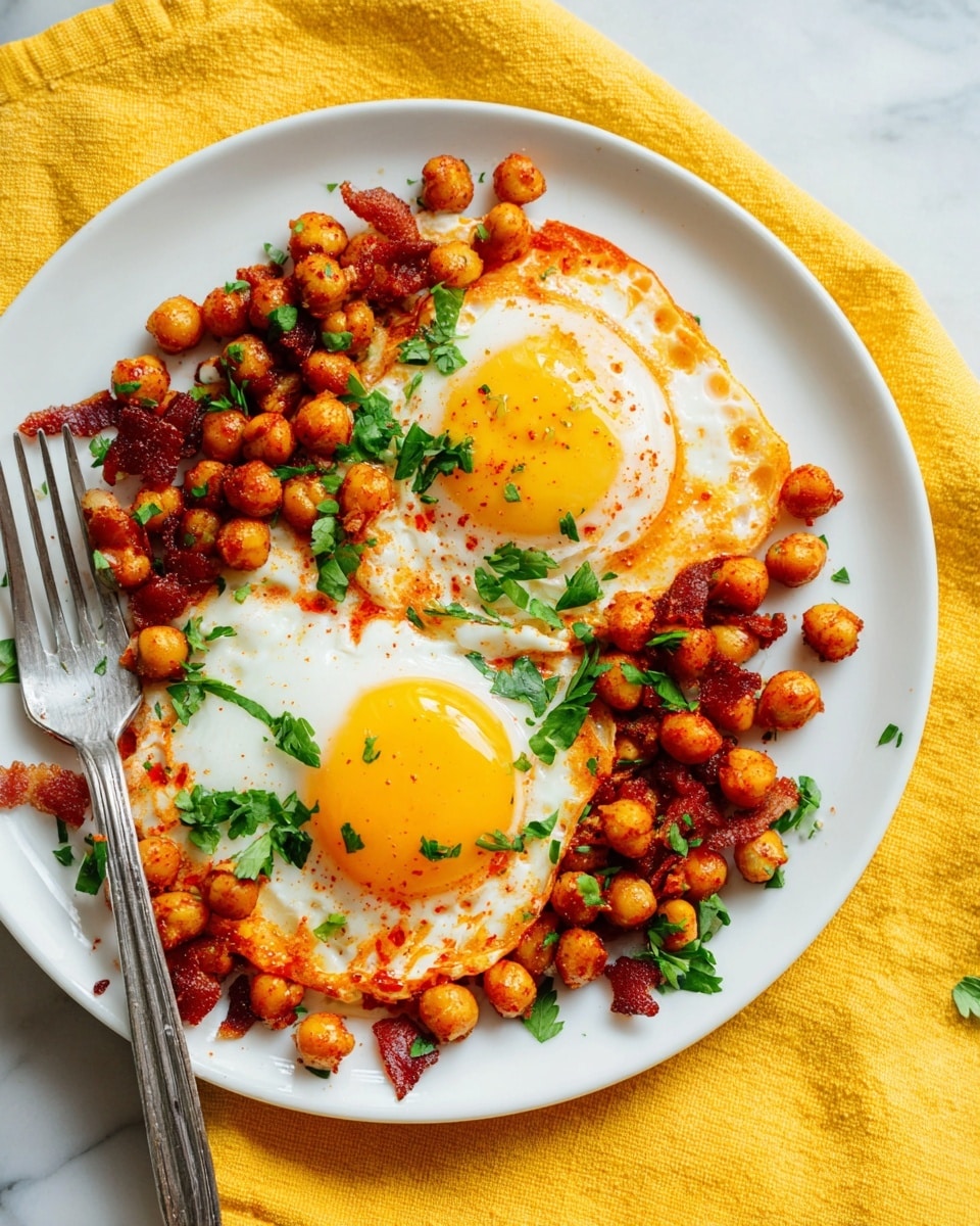 A white plate holds two sunny side up eggs with bright yellow yolks and glossy whites. Around the edges of each egg, there is a layer of cooked chickpeas mixed with bits of crispy bacon, all coated in a reddish-orange sauce. Fresh chopped green parsley is scattered on top of the eggs and chickpeas, adding a fresh touch. A silver fork rests on the bottom left side of the plate, partially under the chickpeas. The plate sits on a bright yellow cloth over a white marbled surface. photo taken with an iphone --ar 4:5 --v 7