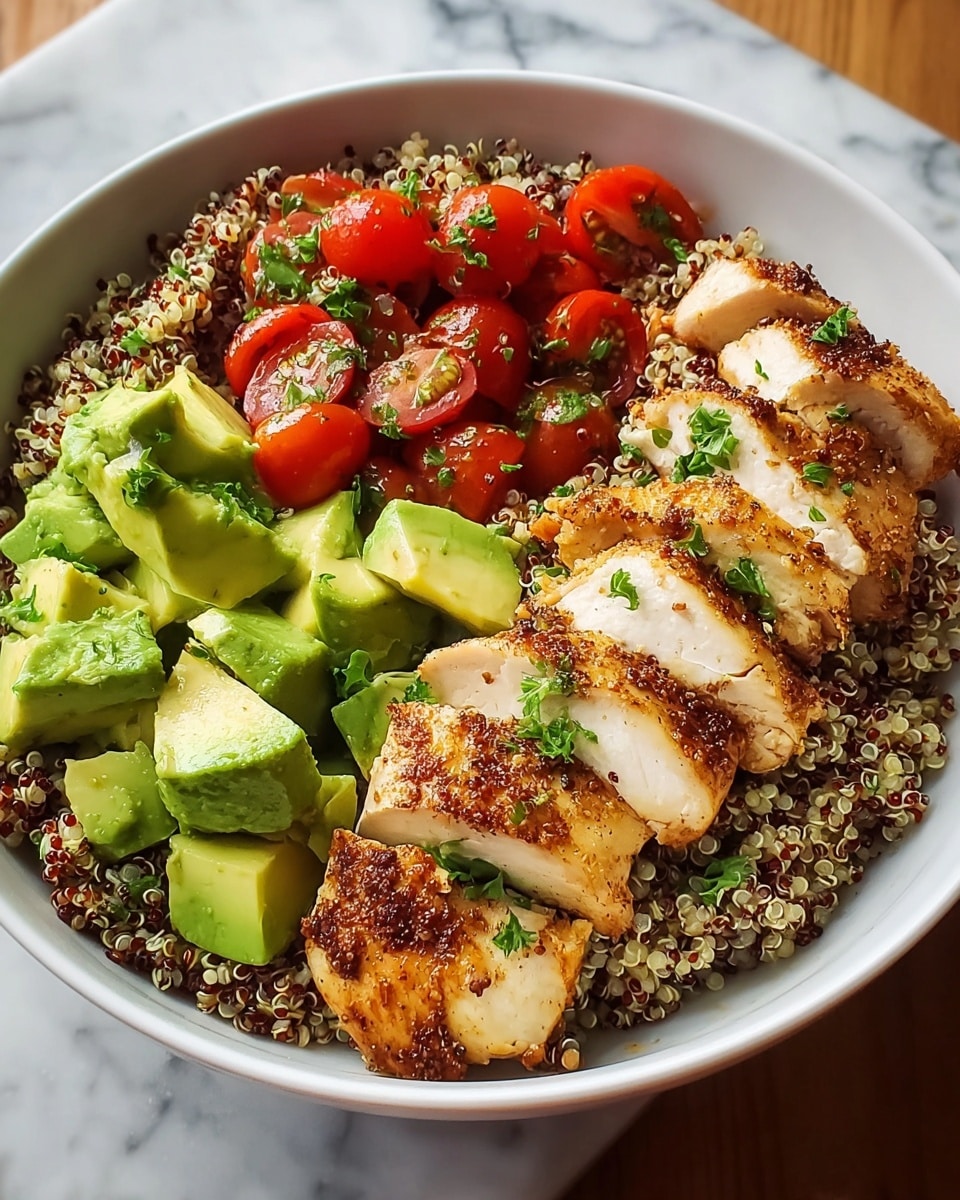 A white bowl filled with a base layer of mixed red and white quinoa, fluffy and speckled with small round grains. On one side, chunks of bright green avocado with a smooth and creamy texture sit atop the quinoa. Alongside this, slices of grilled chicken breast, browned and slightly charred with a golden crust and tender white inside, are laid neatly in the center. On the opposite side, halved cherry tomatoes show their juicy, glossy red interiors mixed with bits of fresh green herbs. The dish is garnished with small green parsley leaves scattered over the chicken. The bowl is placed on a white marbled surface. Photo taken with an iphone --ar 4:5 --v 7