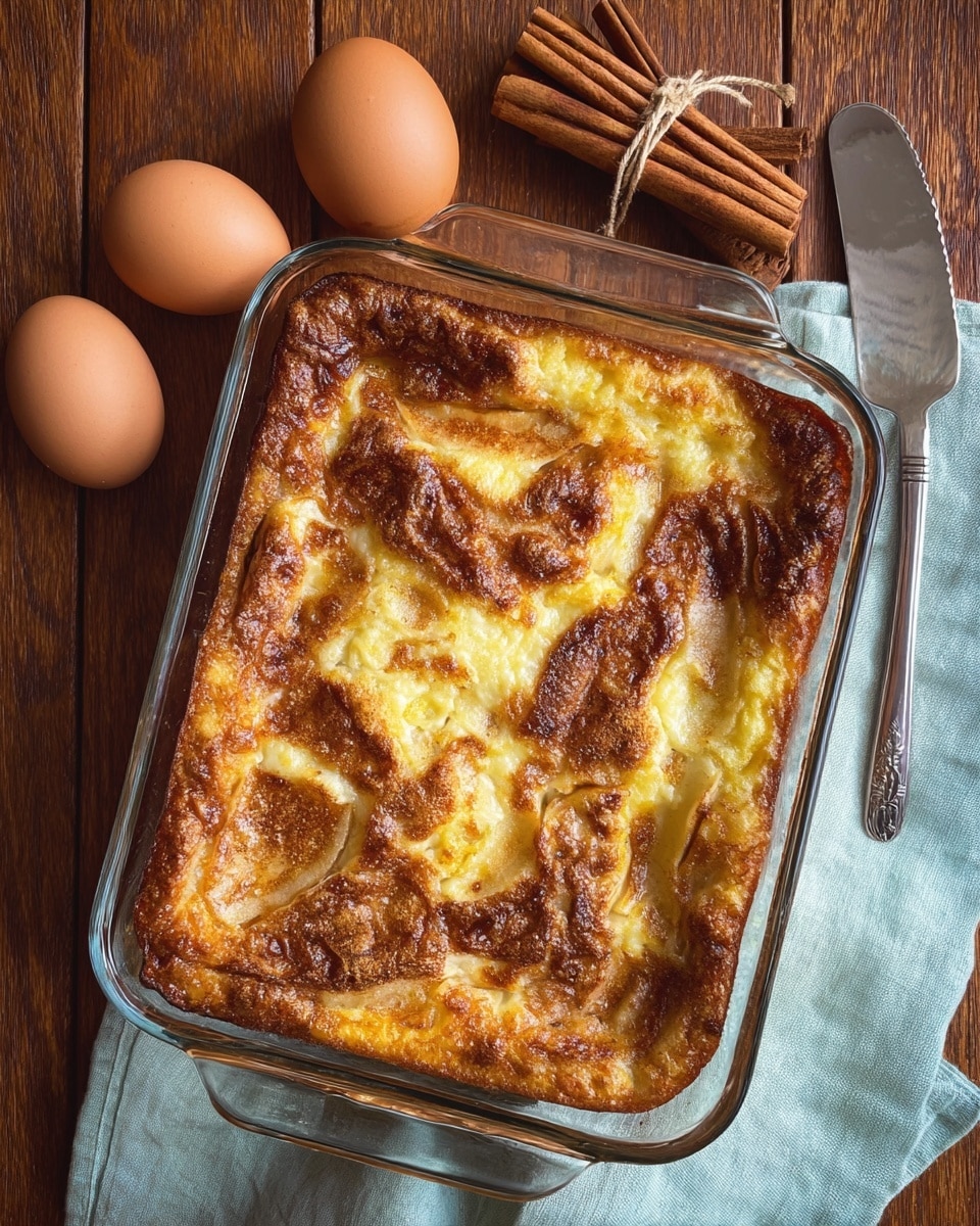 A baked dessert is shown in a clear glass rectangular dish with a golden brown crust on top. The surface is uneven with some darker brown spots where the dessert has caramelized, and lighter creamy yellow areas where it is soft. Inside the dish, slices of apple are visible through the crust, adding texture. Surrounding the dish are three brown eggs, a silver butter knife, and a bundle of cinnamon sticks tied with string, all placed on a wooden surface next to a folded pale blue cloth. The photo is taken from above. photo taken with an iphone --ar 4:5 --v 7