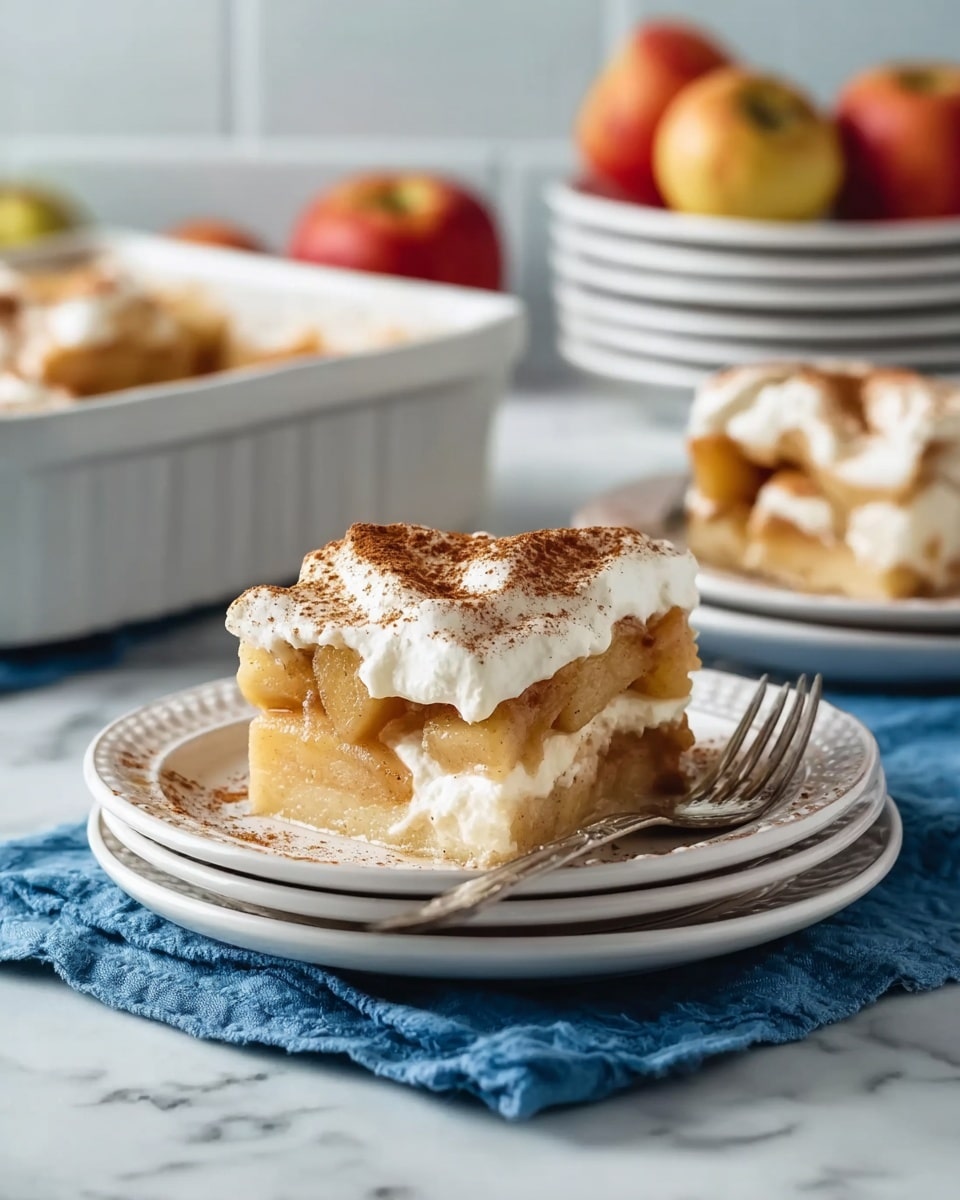 A piece of apple dessert on a stack of three white plates with a fork beside it; the dessert has two visible layers of soft cooked apple slices with a light brown, slightly textured filling, topped with a thick white cream layer lightly dusted with brown cinnamon powder. The plates rest on a blue cloth on a white marbled surface, with a white baking dish filled with more apple dessert blurred in the background along with some apples and stacked white plates. Photo taken with an iphone --ar 4:5 --v 7