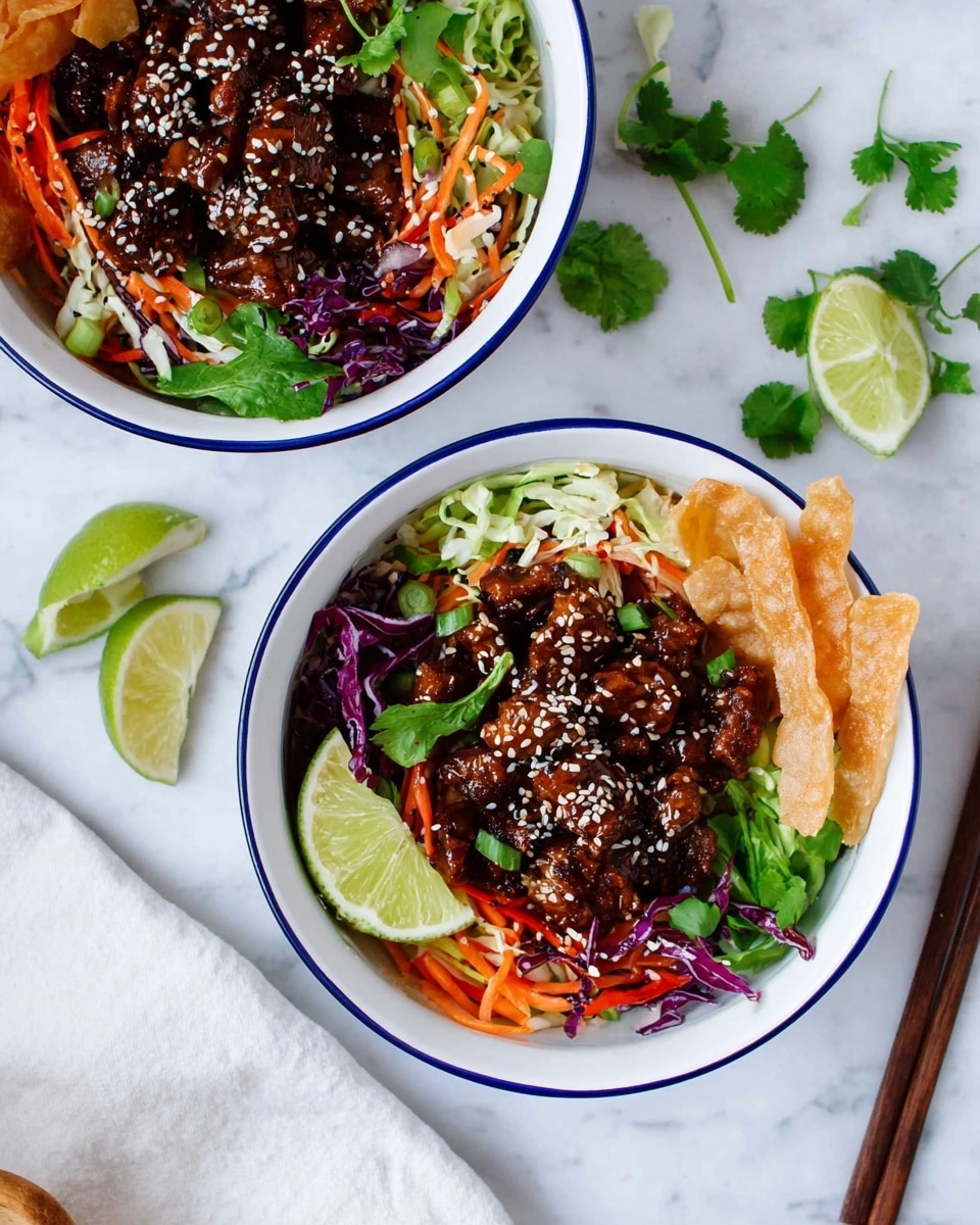 Two white bowls with blue rims sit on a white marbled surface, each filled with three main layers. The bottom layer is a mix of fresh shredded cabbage, carrot, and purple cabbage in green, orange, and purple colors. On top of this is a layer of dark brown, glossy, cooked meat pieces sprinkled with black and white sesame seeds. The third layer includes several crisp, light golden brown fried strips placed on one side. Each bowl has a lime wedge resting on the side of the salad, bright green and juicy. Around the bowls, there are some green coriander leaves, a lime wedge, and dark brown chopsticks. photo taken with an iphone --ar 4:5 --v 7