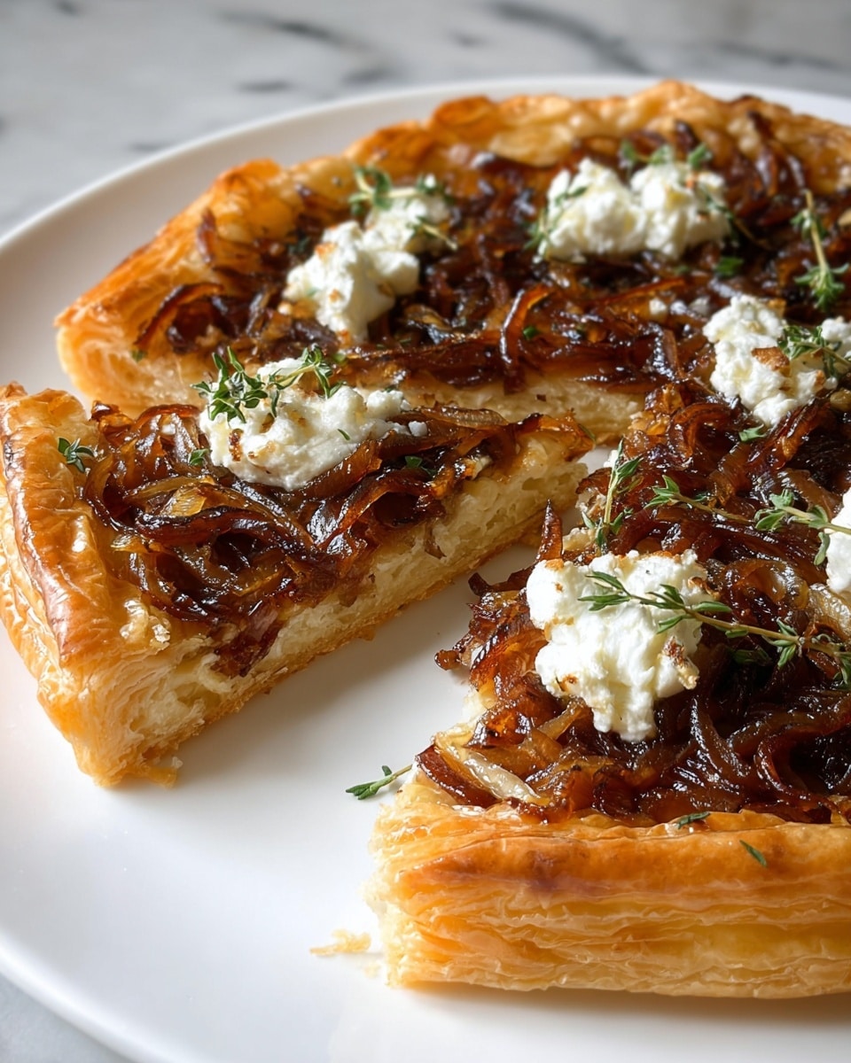 A puff pastry tart is shown on a white plate with a golden, flaky crust that is thick and puffy around the edges. The first layer above the crust is a light, slightly glossy spread, topped with a thick layer of caramelized onions that are deep brown with a soft, slightly sticky texture. Scattered on top are small dollops of white goat cheese, adding a creamy contrast, and fresh green thyme leaves sprinkled evenly over the tart. One slice is cut and slightly pulled away from the main tart, showing the thick layers and flaky pastry bottom. The background is a white marbled texture. photo taken with an iphone --ar 4:5 --v 7