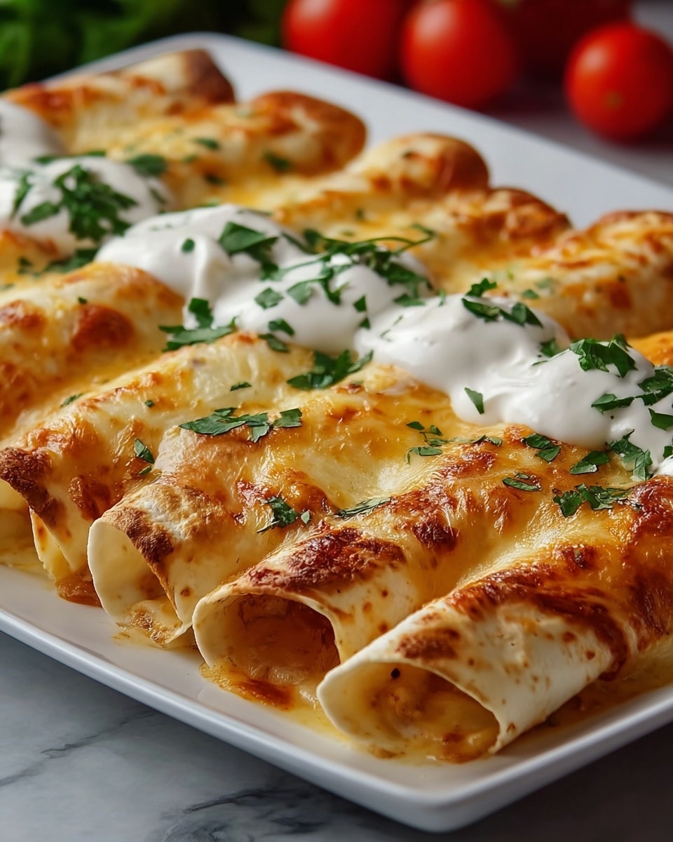 Three rolled crepes are arranged side by side on a white plate. Each crepe has a light golden-brown color with a slightly crisp texture. Inside, the crepes are filled with a creamy white mixture that appears soft and slightly chunky. On top of each crepe is a generous layer of smooth white sauce that drips down the sides. The sauce is garnished with small, bright red diced tomatoes and scattered green herb leaves, adding fresh color contrast. The plate sits on a white marbled surface. photo taken with an iphone --ar 4:5 --v 7