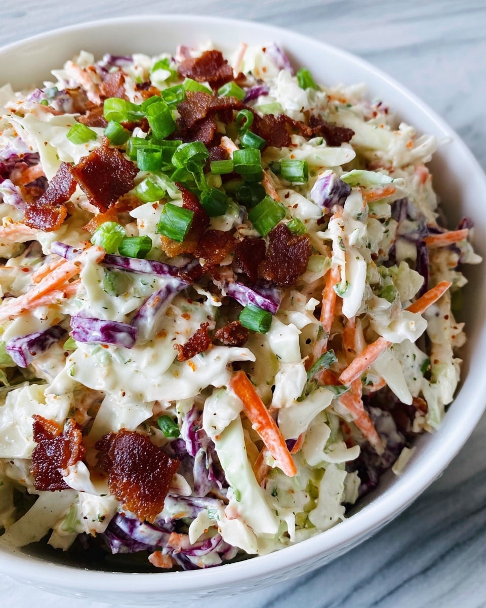 A close-up view of a white bowl filled with creamy coleslaw salad. The salad has multiple layers: shredded white and purple cabbage, thin orange carrot strips, and chopped green onions on top. There are also crispy brown bacon pieces scattered throughout. The salad is mixed with a creamy white dressing that coats all the ingredients. The bowl is placed on a white marbled surface. photo taken with an iphone --ar 4:5 --v 7