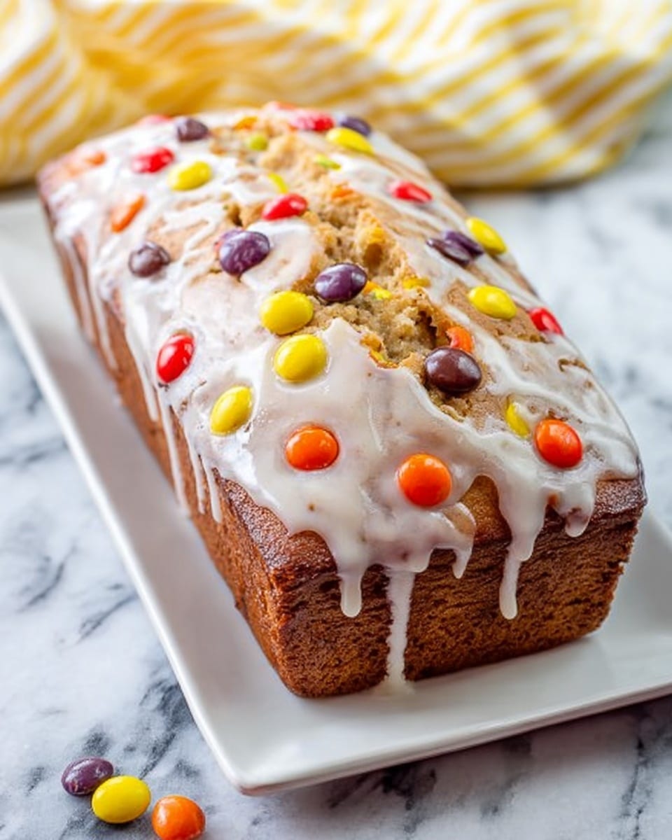 The image shows a rectangular cake loaf on a white rectangular plate set on a white marbled surface with a yellow and white striped cloth in the background. The cake has a golden-brown crust and is topped with a thick layer of white glaze that drips down the sides. Mixed into the cake and on top are colorful candy-coated chocolate pieces in red, orange, purple, and yellow, adding texture and pops of color. The cake surface has a slight crack down the middle, revealing the soft inside and more of the candy pieces. photo taken with an iphone --ar 4:5 --v 7