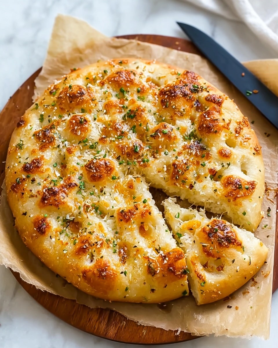 A round, golden focaccia bread with a light, fluffy texture sits on parchment paper over a wooden board. The bread’s surface has dimples filled with melted cheese bubbles that are golden brown. It is sprinkled with coarse salt, finely chopped green herbs, and black pepper flakes, giving it a speckled and fresh look. The crust is thick and slightly crispy with a creamy inside visible around the edges. A black knife lies next to the wooden board on a white marbled surface. Photo taken with an iphone --ar 4:5 --v 7