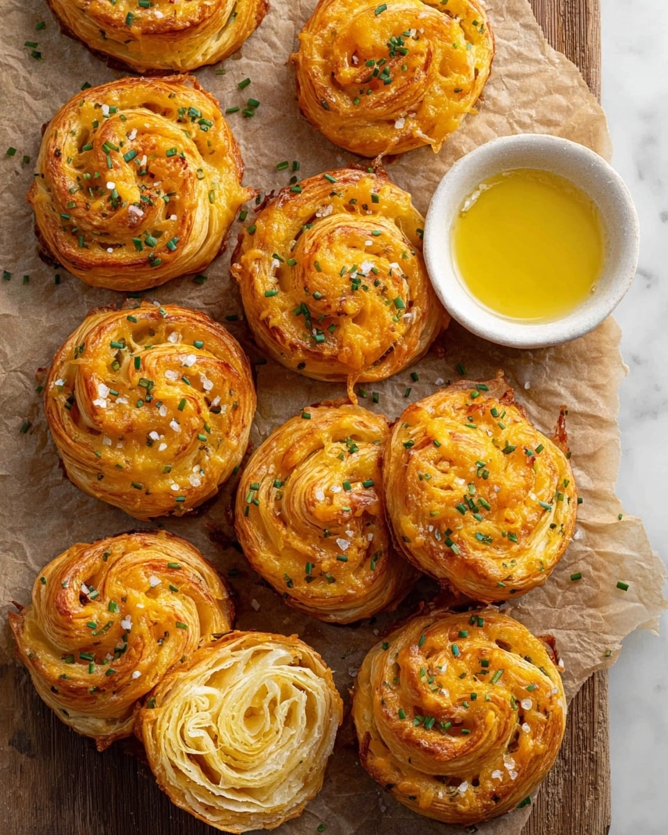 A set of eight round, golden brown cheese pastries with light flaky layers arranged on a sheet of parchment paper on a white marbled surface. Each pastry has a spiral shape, with visible swirls of flaky dough and melted cheddar cheese peeking through the layers, topped with small green chive pieces and coarse salt crystals. In the center, one pastry is cut in half showing multiple thin layers of cheese and dough stacked inside, creating a rich orange and light beige texture. A small white bowl filled with melted butter sits on the side, adding a yellow contrast to the warm colors of the pastries. Photo taken with an iphone --ar 4:5 --v 7