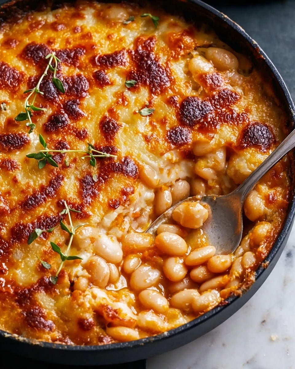 The image shows a close-up of a round black pan filled with a baked dish of white beans with melted cheese on top. The dish has two main layers: a thick, bubbly golden-brown cheese layer with darker browned spots on top and a layer of creamy white beans underneath mixed with some orange sauce, visible where a silver spoon scoops some out on the right side of the pan. Small green herb sprigs are scattered on top for garnish. The pan sits on a white marbled texture. photo taken with an iphone --ar 4:5 --v 7