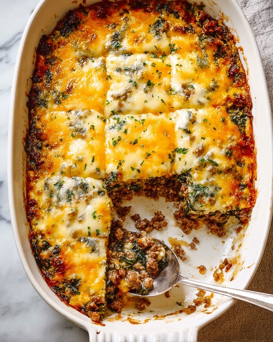 An oval white ceramic baking dish sits on a white marbled surface, filled with a cheesy casserole cut into six square pieces. The top layer is melted golden-yellow and white cheese with browned spots and sprinkled green herbs. Beneath the cheese, there are visible layers of cooked ground meat mixed with greens like spinach, creating a mix of brown and dark green colors with a slightly saucy texture. A silver spoon rests in the corner where one piece has been scooped out, showing the casserole's soft, layered inside. The edges of the dish have small baked-on cheese bits, adding a rustic look. Photo taken with an iphone --ar 4:5 --v 7
