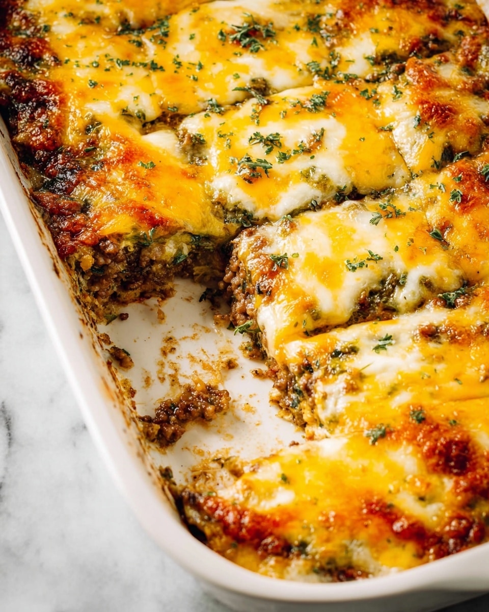 A white rectangular baking dish holds a cheesy casserole sliced into portions, each piece layered with melted yellow and white cheese on top, golden brown spots indicating a baked crust. Beneath the cheese, there is a mix of cooked ground meat and leafy green vegetables, slightly visible where the cheese has separated. Small green herb sprinkles are scattered across the top, adding texture and color contrast. The edges of the dish show some baked-on residue, and the casserole has a moist and rich appearance. The dish rests on a white marbled surface. photo taken with an iphone --ar 4:5 --v 7