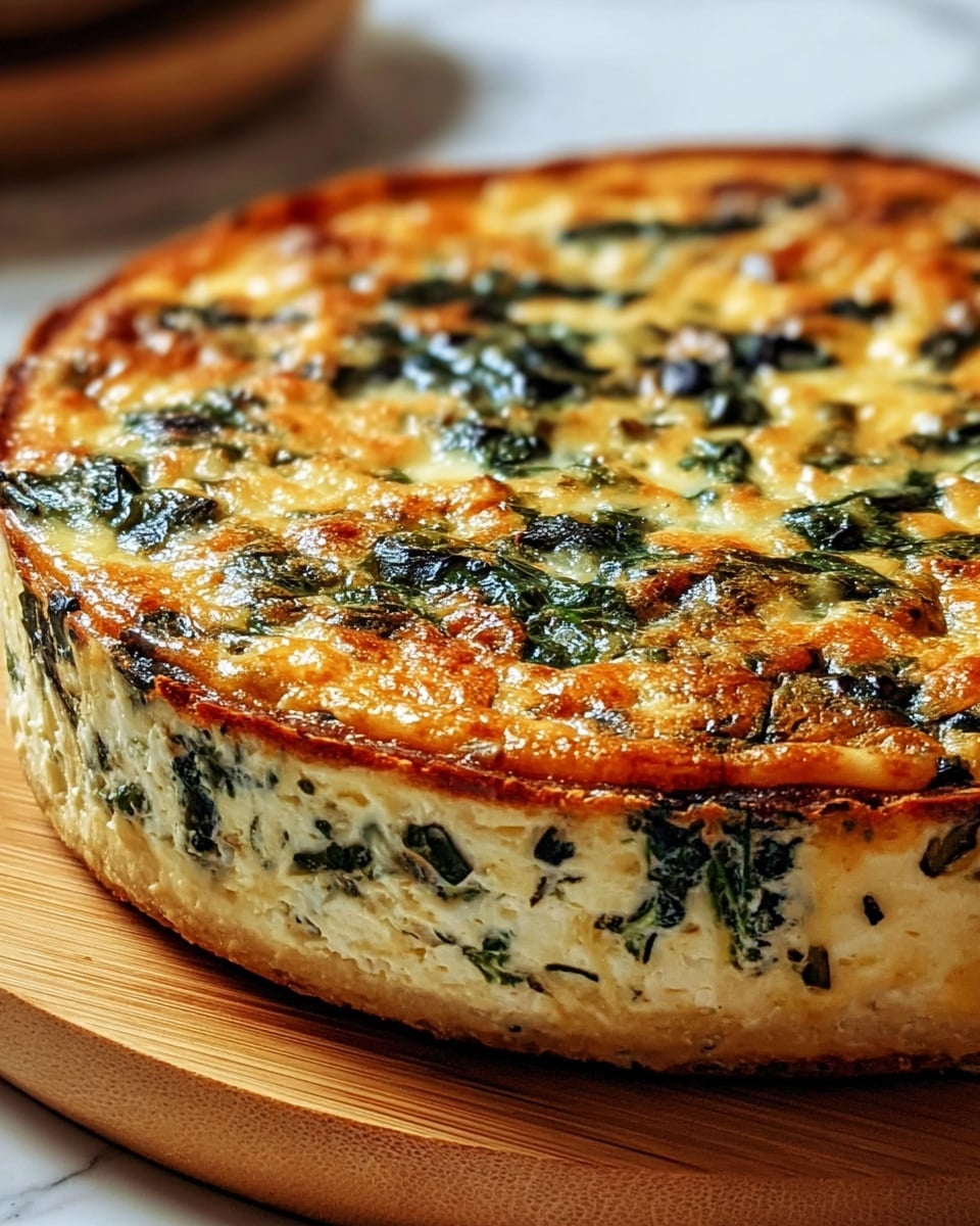 A close-up view of a thick round quiche sitting on a wooden board with a white marbled background. The quiche has two main layers: the bottom layer is creamy white mixed with dark green spinach pieces, forming a soft and dense base, and the top layer is a golden-brown cheesy surface with browned spots and scattered cooked spinach, giving a slightly glossy texture that suggests it is freshly baked. The edges are slightly browned, and the quiche looks rich and moist. Photo taken with an iphone --ar 4:5 --v 7