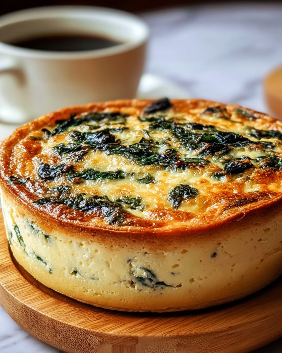 A round quiche with two clear layers sits on a wooden board against a blurred background. The bottom layer is thick, creamy, and pale yellow with small green leafy bits mixed throughout, showing a soft texture. The top layer is a golden brown baked surface with melted cheese and dark green spinach leaves dotted all over, creating a slightly shiny and crispy top. Behind the quiche, a white cup filled with dark coffee is slightly out of focus. The scene rests on a white marbled textured surface. photo taken with an iphone --ar 4:5 --v 7