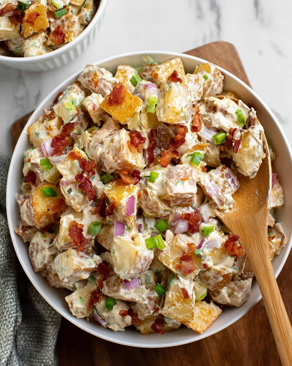 A white bowl filled with a creamy potato salad that has three main layers: cubed golden-brown roasted potatoes with a slightly crispy texture; small pieces of crispy bacon scattered throughout; and diced red onions and green scallions adding pops of red and green color, all mixed well with a thick, creamy dressing that coats every ingredient. A wooden spoon is scooping some salad, showing off the chunky texture and mixed colors. The bowl is placed on a white marbled surface with a small part of another white bowl with the same salad in the background. Photo taken with an iphone --ar 4:5 --v 7