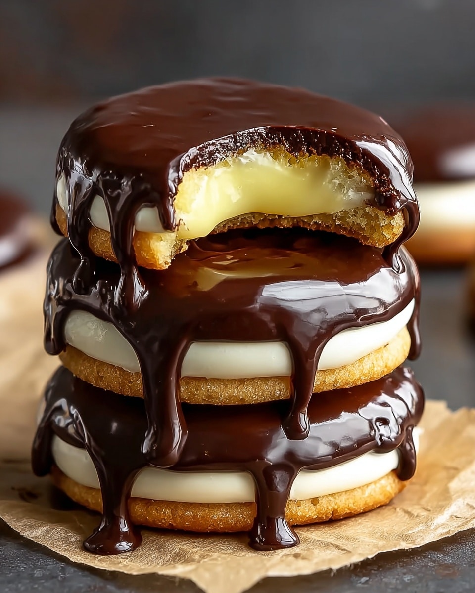 A close-up image of a stack of three round cookies with a golden-brown base, each cookie sandwiching a thick layer of smooth white cream filling. The top cookie is partially bitten, revealing a creamy yellow custard layer inside beneath the chocolate glaze. Each cookie is covered generously with glossy dark chocolate dripping down the sides in thick, shiny streams. The stack sits on a piece of parchment paper on a dark surface, with the background softly blurred. photo taken with an iphone --ar 4:5 --v 7