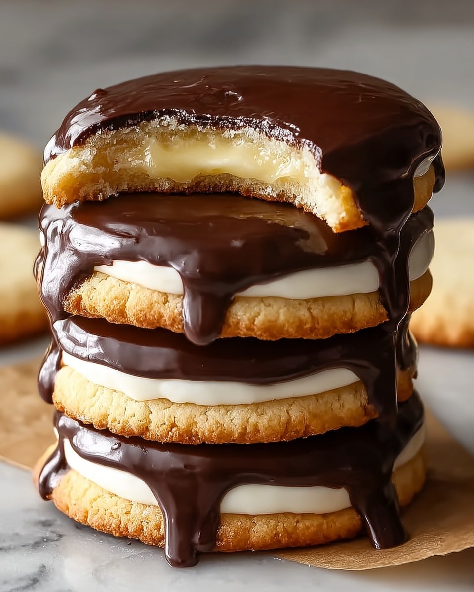 A stack of three soft, round cookies each with a thick middle layer of smooth white cream, topped with dark glossy chocolate that drips down the sides in thick rivers. The top cookie has a bite taken out showing a creamy, pale yellow filling beneath the glossy chocolate layer. The cookies are golden and slightly cracked on the edges, layered neatly with creamy white filling peeking out from each cookie pair. The rich chocolate contrasts with the light cookie and cream layers, sitting on a white marbled surface. photo taken with an iphone --ar 4:5 --v 7