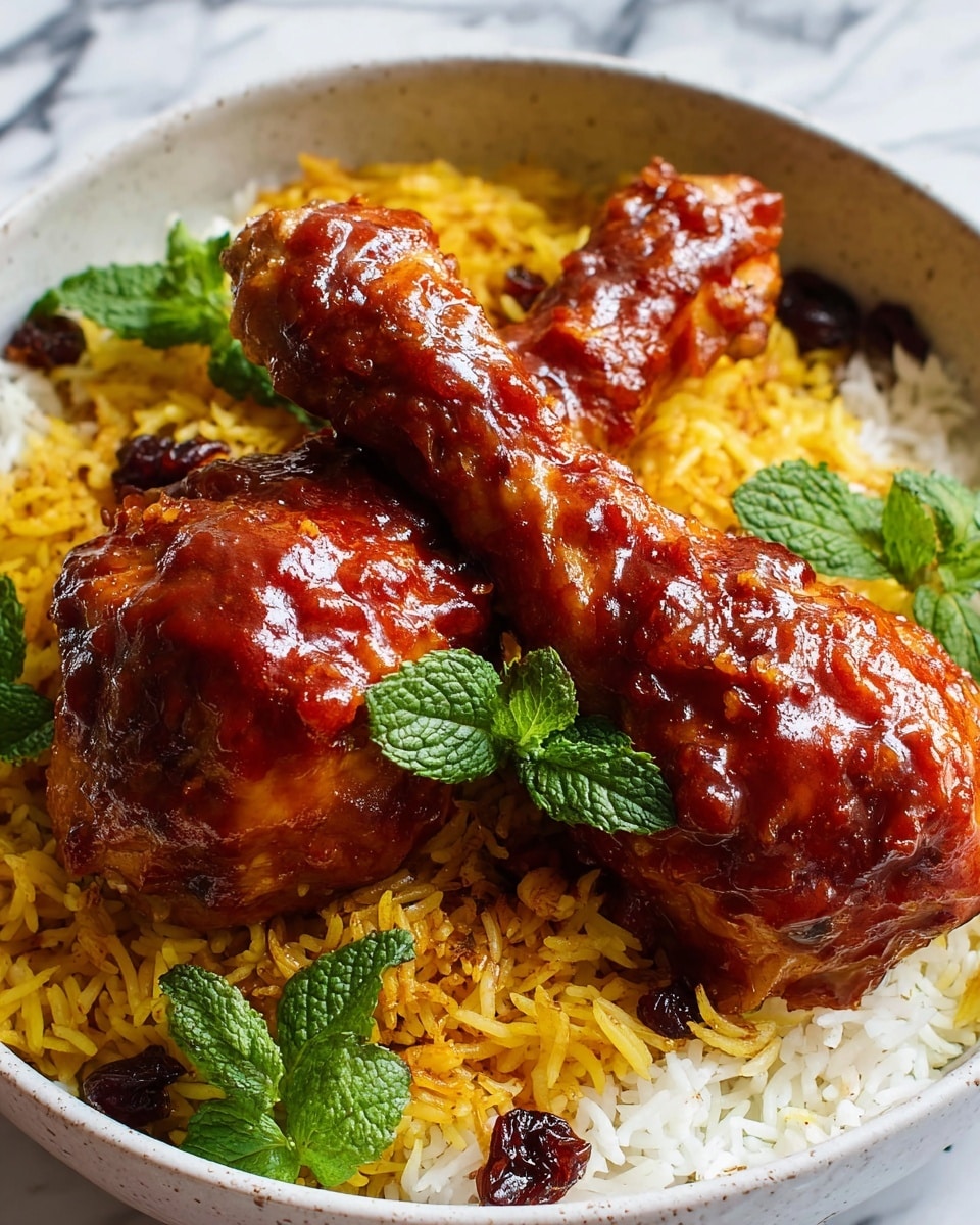 Two chicken drumsticks coated in glossy, rich reddish-brown sauce rest on a bed of mixed rice with two layers: bright yellow rice with dark red dried berries or fruit on top, and plain white rice underneath. Fresh green mint leaves are placed on top of the chicken, adding a touch of color. All the food is arranged neatly in a white bowl, set against a white marbled surface. photo taken with an iphone --ar 4:5 --v 7