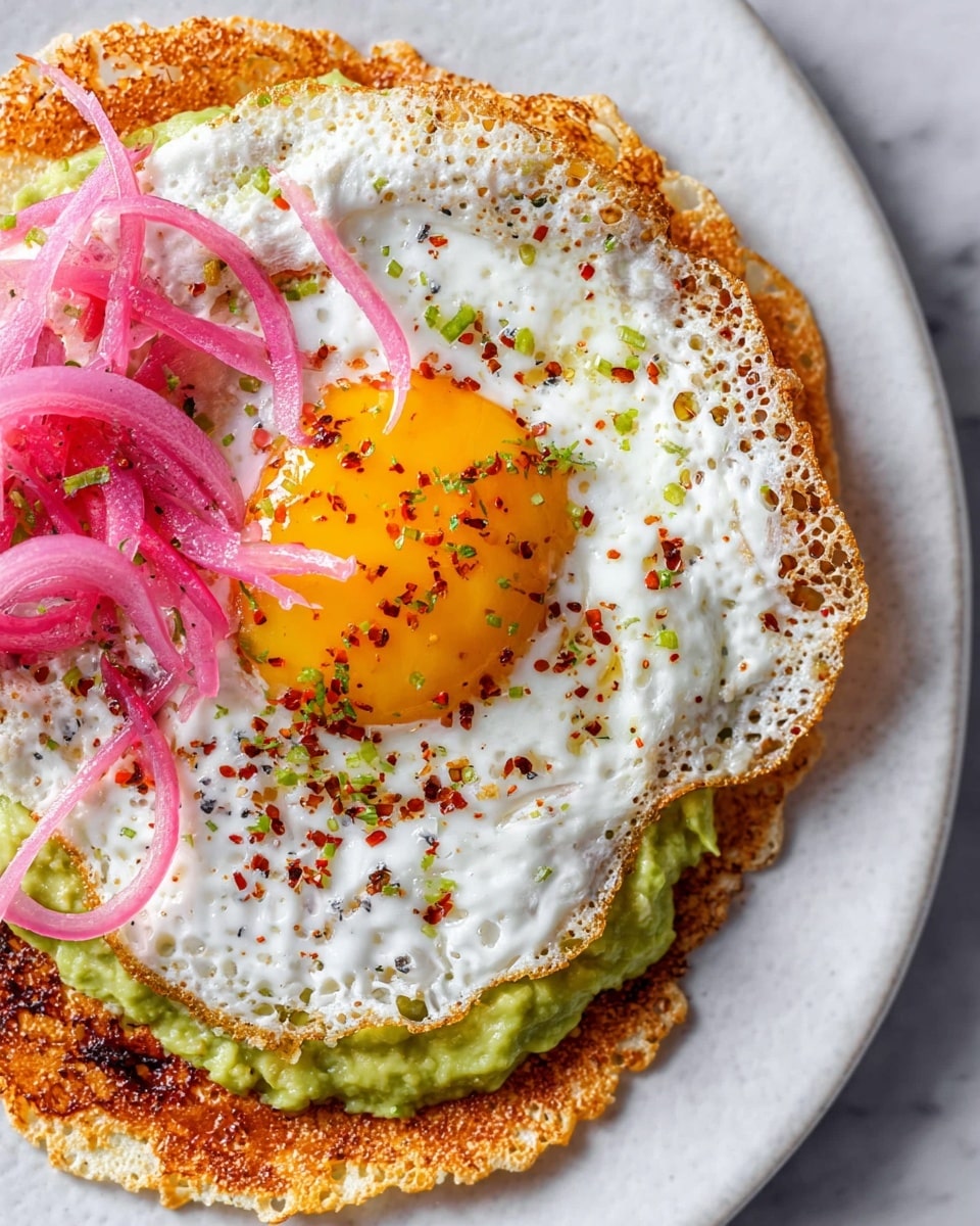 A close-up of a dish with four visible layers on a white plate, placed on a white marbled texture. The bottom layer is a smooth, light green spread that looks like mashed avocado, covering the base tortilla. On top of this is a thin, crispy, golden-brown cheese layer with a lacy texture around the edges. Above that is a fried egg with a firm, white edge and a bright, shiny yellow yolk in the center, sprinkled with small green and red spices. Finally, some thin, curly pink pickled onion slices rest on top near the yolk. photo taken with an iphone --ar 4:5 --v 7