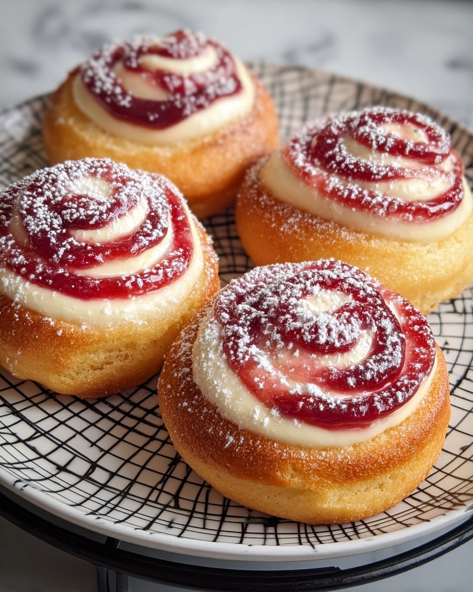 Four round swirled pastries sit on a white plate with a black web pattern. Each pastry has two layers: a golden brown base with a soft texture and a thick cream layer on top, followed by a shiny, red fruit glaze spiral that adds a glossy finish. The pastries are sprinkled gently with white powdered sugar, giving a light dusting over the top and plate. The background is a white marbled texture. photo taken with an iphone --ar 4:5 --v 7