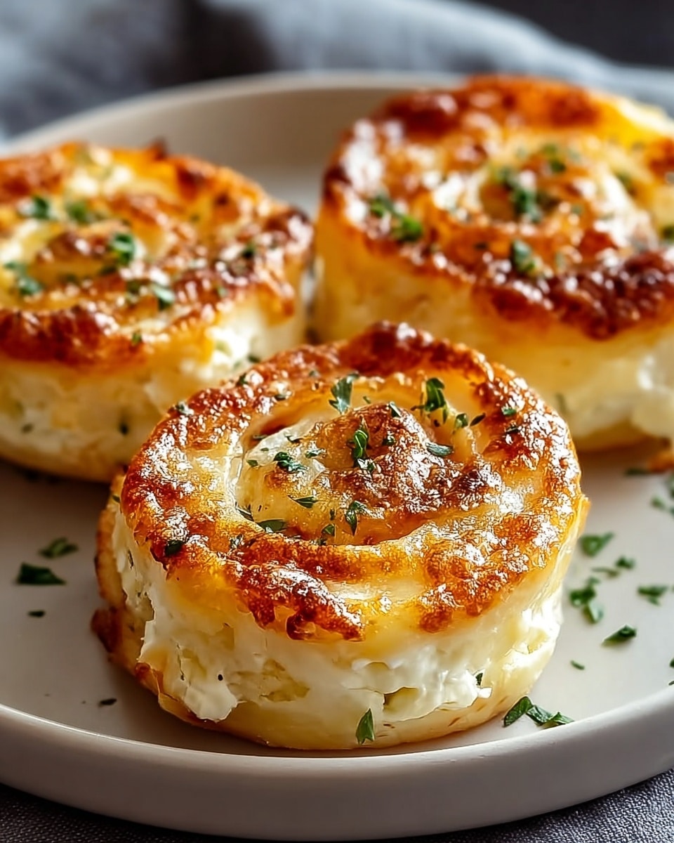 Three round, golden-brown cheese rolls sit on a white plate with a soft gray cloth nearby. Each roll has a spiral shape with a crispy, caramelized top layer that is slightly browned and textured with tiny bubbles. The middle layer is creamy and smooth, with visible white cheese curds at the bottom, which look soft and moist. Small bits of bright green herbs are sprinkled on top, adding a fresh color contrast to the warm tones of the cheese. The rolls are close together, filling the plate. The photo is taken with an iphone --ar 4:5 --v 7