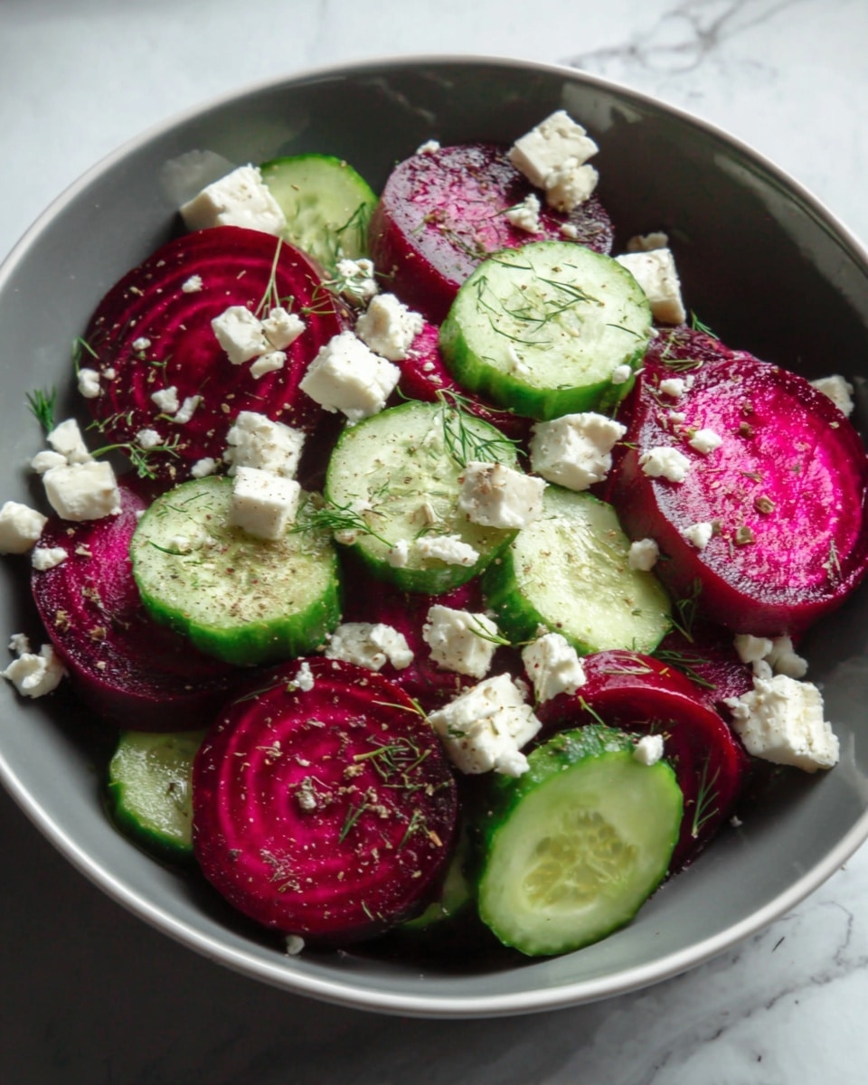 A white bowl filled with a fresh salad consisting of thick round slices of bright magenta beets layered with evenly cut green cucumber slices, topped with small white cubes of feta cheese and sprinkled with a mix of dried herbs and black pepper, all placed on a white marbled surface. Photo taken with an iphone --ar 4:5 --v 7