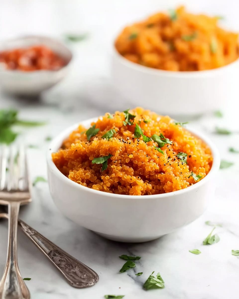 The image shows two white bowls filled with orange quinoa, seasoned and topped with small green herb leaves, likely parsley or cilantro. The quinoa has a fluffy texture with some black pepper sprinkled on top. One bowl is in the front and in focus, while the other is slightly blurred in the background. On the white marbled surface, there is a silver fork lying close to the front bowl and a small white sauce dish holding a reddish sauce blurred in the background. There are a few scattered green herb leaves on the surface adding freshness to the scene. Photo taken with an iphone --ar 4:5 --v 7