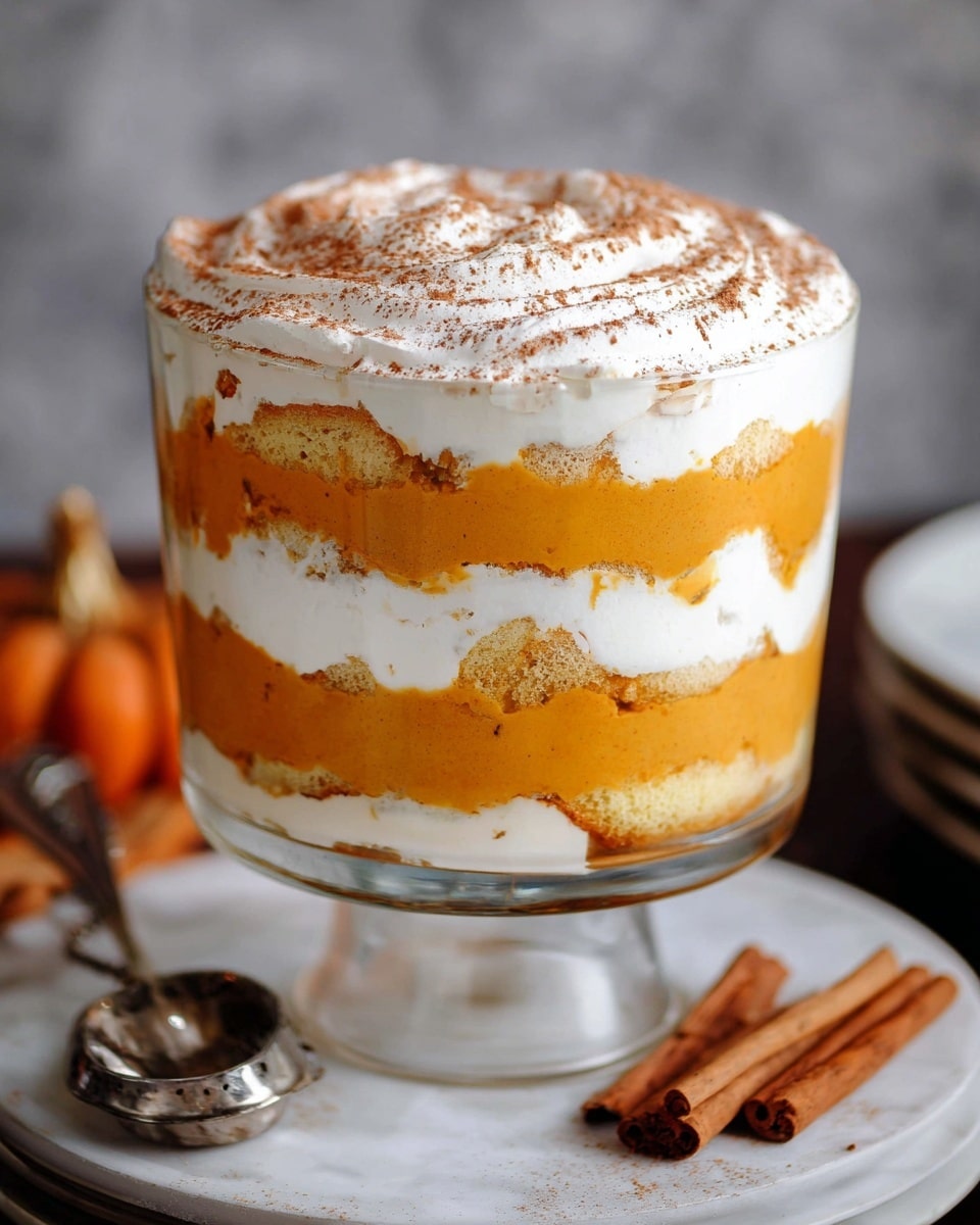 A tall, clear glass trifle bowl shows a dessert with six visible layers on a white marbled surface. The bottom layer is a light, fluffy white cake, followed by a thick, smooth orange pumpkin cream layer. Next is a thick white cream layer, then another orange pumpkin cream layer, followed by another white cake layer. The fifth layer is white cream, topped with a final spread of pumpkin cream and a dusting of cinnamon powder on top. Around the bowl, there are cinnamon sticks and a silver tea infuser resting on the surface. photo taken with an iphone --ar 4:5 --v 7