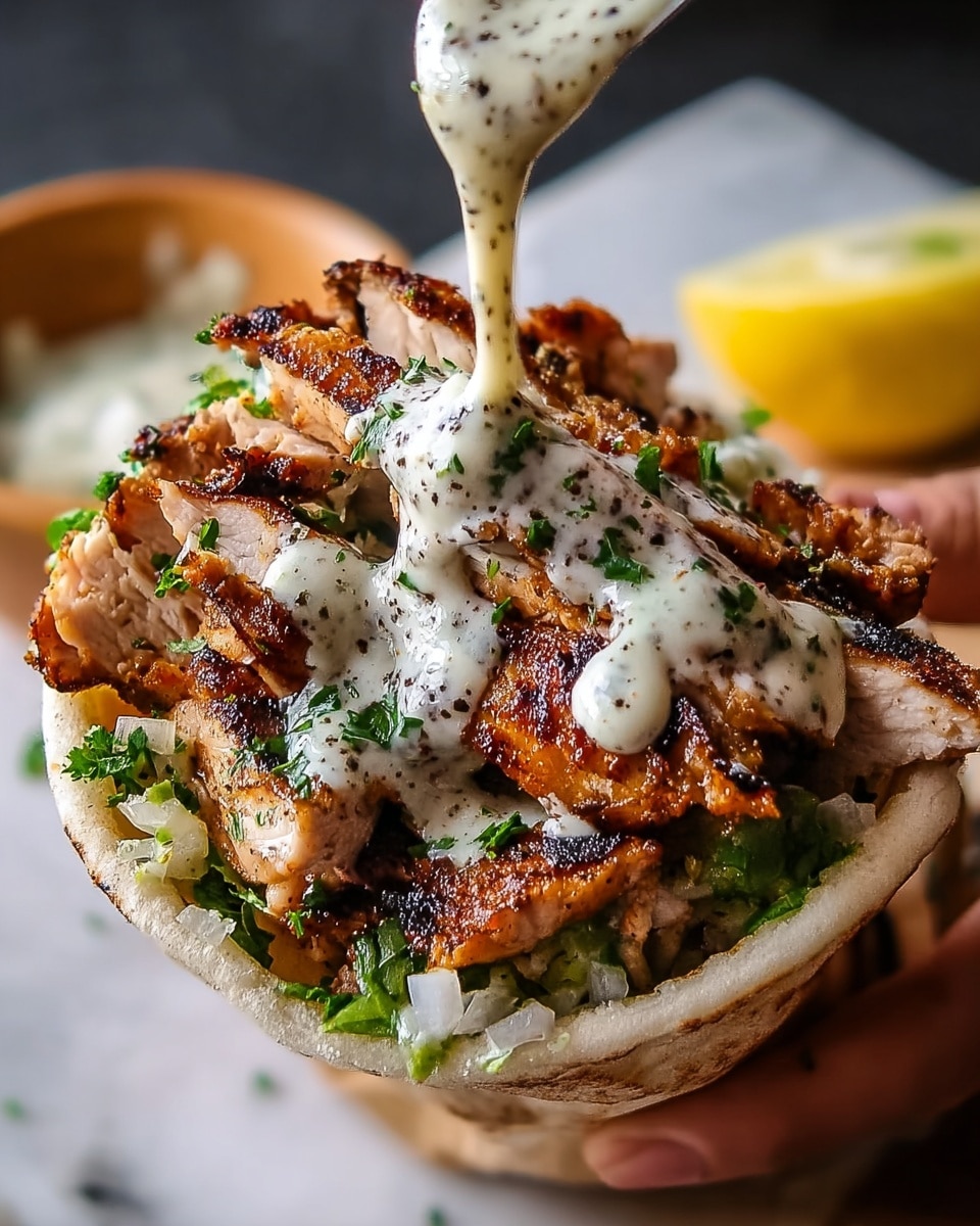 The image shows a stuffed pita bread held and filled with several layers of grilled chicken strips that are golden brown with charred marks. The chicken is layered on top of what looks like chopped green herbs and small bits of vegetables, all inside the white pita. Above the chicken, a woman's hand pours a creamy sauce flecked with black specks that drapes over the chicken pieces, creating a shiny texture. The whole dish is set against a white marbled surface with a blurred background, and a lemon wedge is visible in the part of the image. photo taken with an iphone --ar 4:5 --v 7