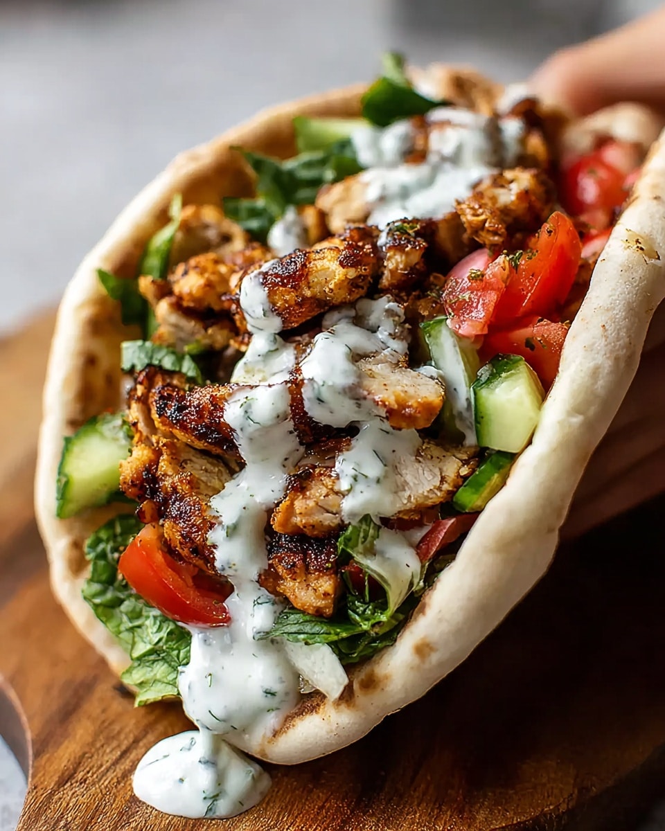 A close-up view of a pita wrap held by a woman's hand at the back, filled with a layer of grilled, golden brown chicken pieces with a slightly crispy texture, topped with a white creamy sauce that is drizzling down the sides. Inside the pita, there is a fresh layer of chopped red tomatoes, sliced green cucumbers, and leafy green herbs adding a pop of color. The soft, light beige pita bread is slightly puffed and folded around the filling, placed on a wooden board with a soft white marbled background. photo taken with an iphone --ar 4:5 --v 7