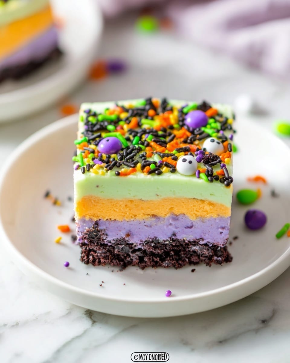A square layered dessert on a white plate sitting on a white marbled surface, with four distinct layers from bottom to top: a dark chocolate crumb base layer, a thick bright purple creamy layer, a thinner orange creamy layer, and a thick pale green frosting top layer scattered with colorful sprinkles including black, orange, purple, and green pieces, as well as small round candy eyes and purple candy spheres, creating a festive look. photo taken with an iphone --ar 4:5 --v 7