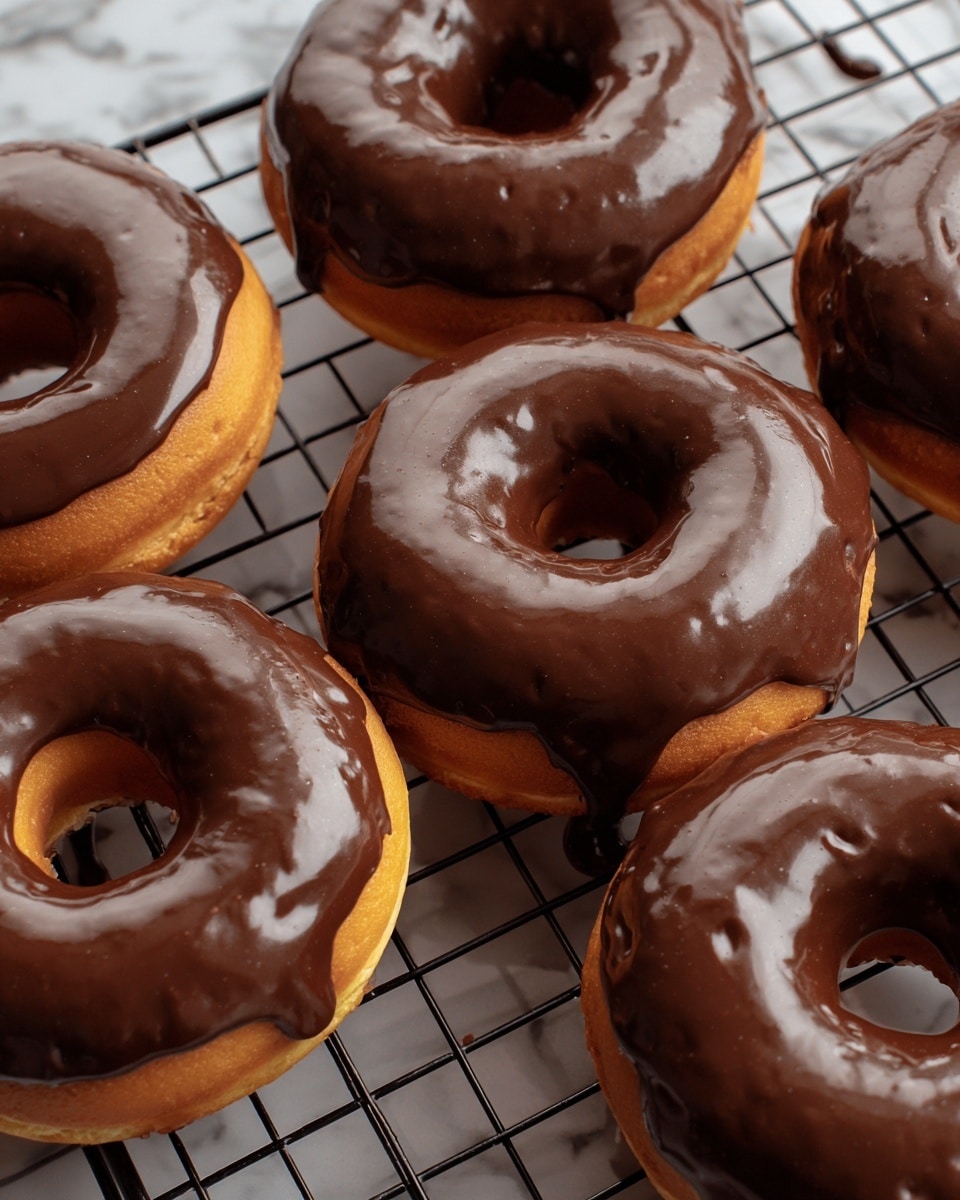 The image shows six donuts arranged closely on a black wire cooling rack over a white marbled surface. Each donut has two layers: a light golden brown base with a smooth, shiny layer of thick chocolate glaze covering the top. The glaze is slightly uneven, with gentle ripples and a soft sheen that catches the light, giving it a rich, glossy look. The holes in the center of each donut are clearly visible, and the golden donut base peeks through underneath the chocolate layer at the edges. The overall look is fresh and inviting, with warm colors contrasting against the white marbled background. photo taken with an iphone --ar 4:5 --v 7
