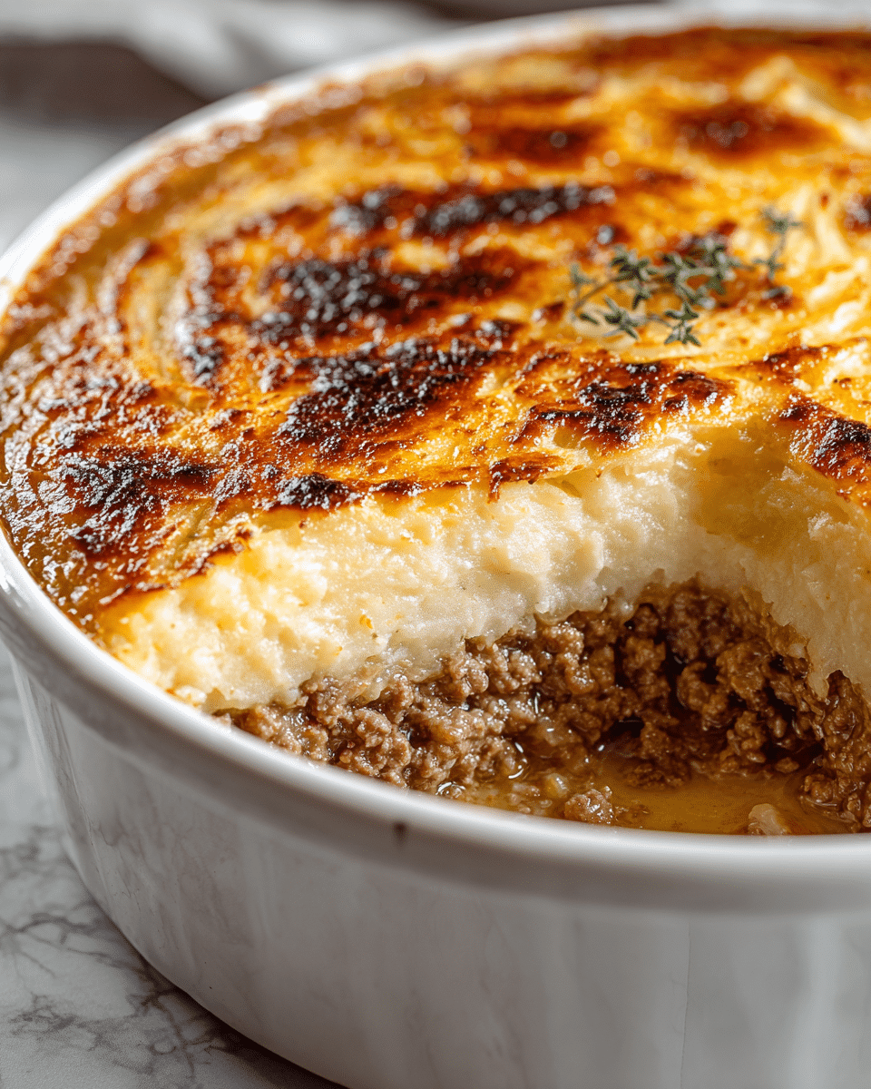A close-up view of a white round baking dish with a shepherd's pie inside, cut open to reveal three layers: the top layer is golden brown and slightly crispy mashed potatoes, the middle layer is a thick, creamy mashed potato layer in light beige, and the bottom layer shows a cooked ground beef mixture in a medium brown color with a crumbly texture, all sitting on a white marbled surface. photo taken with an iphone --ar 4:5 --v 7